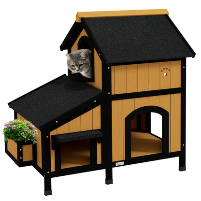 Wooden Cat House With Flower Pot Windows Multiple Entrances Aosom UK Default Title