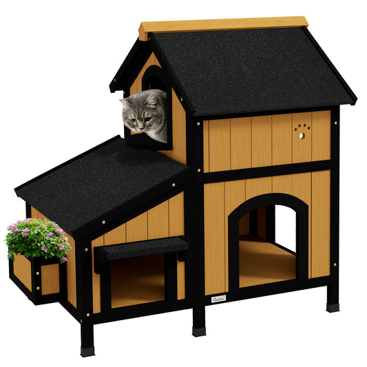 Wooden Cat House With Flower Pot Windows Multiple Entrances Aosom UK Default Title