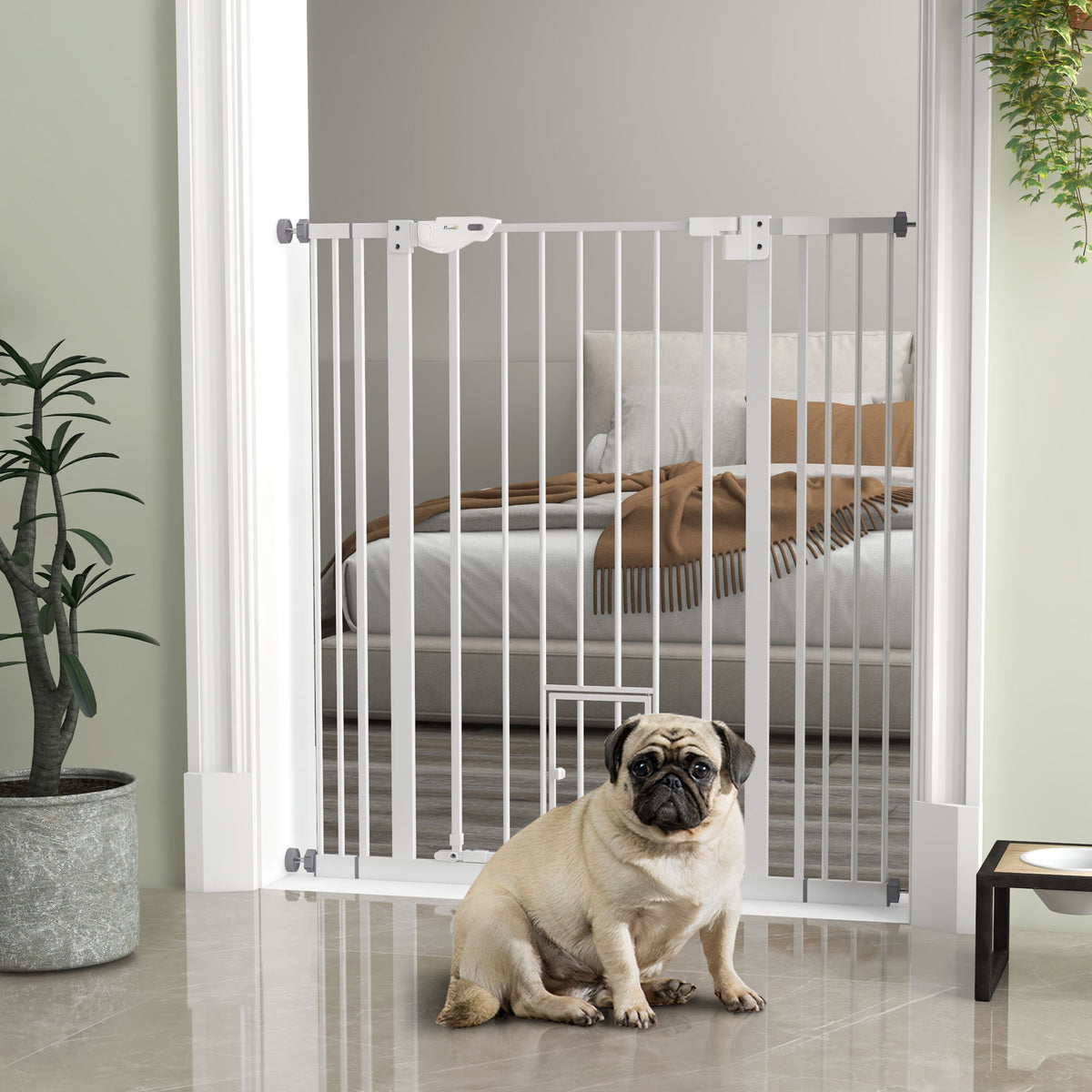 PawHut Extra Tall Pet Gate, Indoor Dog Safety Gate, with Cat Flap, Auto Close, 74-101cm Wide - White PawHut