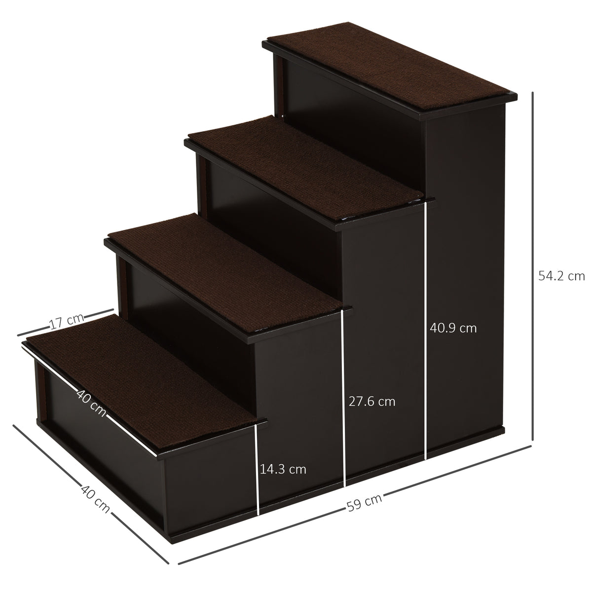 PawHut 4 Step Dog Steps for Bed, Wooden Dog Steps for Sofa, Pet Stairs for Bed Couch with Non-Slip Carpet for Cats and Puppies, 40 x 59 x 54.2 cm, Dark brown PawHut