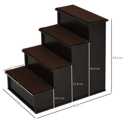 PawHut 4 Step Dog Steps for Bed, Wooden Dog Steps for Sofa, Pet Stairs for Bed Couch with Non-Slip Carpet for Cats and Puppies, 40 x 59 x 54.2 cm, Dark brown PawHut