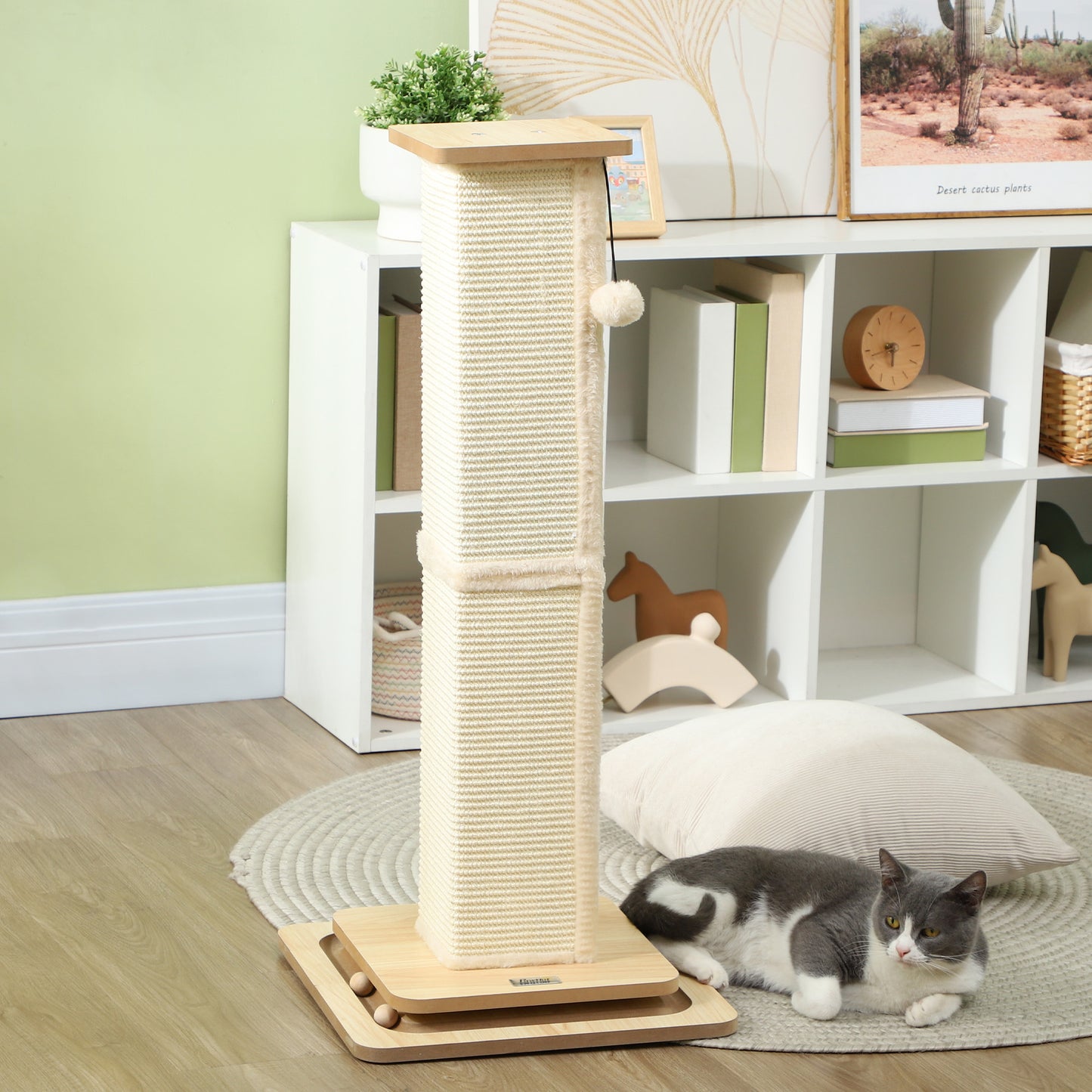Scratching Post, 3 in 1 Cat Post with Sisal Post, Track Ball Toy, Self Grooming Brush, Hanging Toy Ball, Feather, Oak