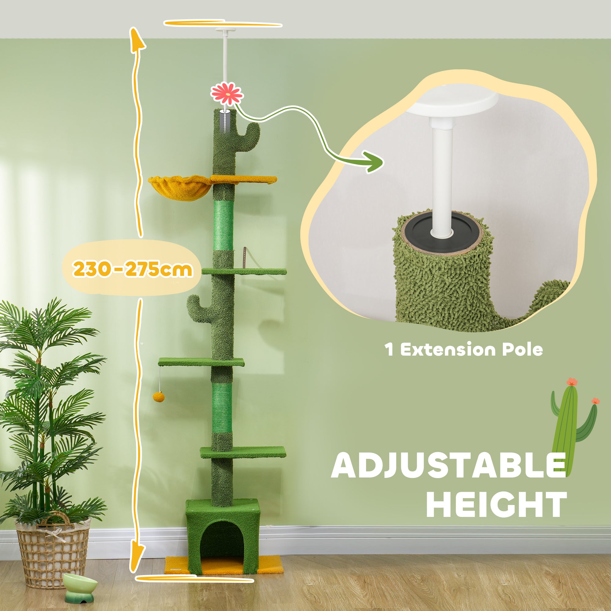 Floor-to-Ceiling Adjustable Cat Tree with Scratching Posts, Hammock