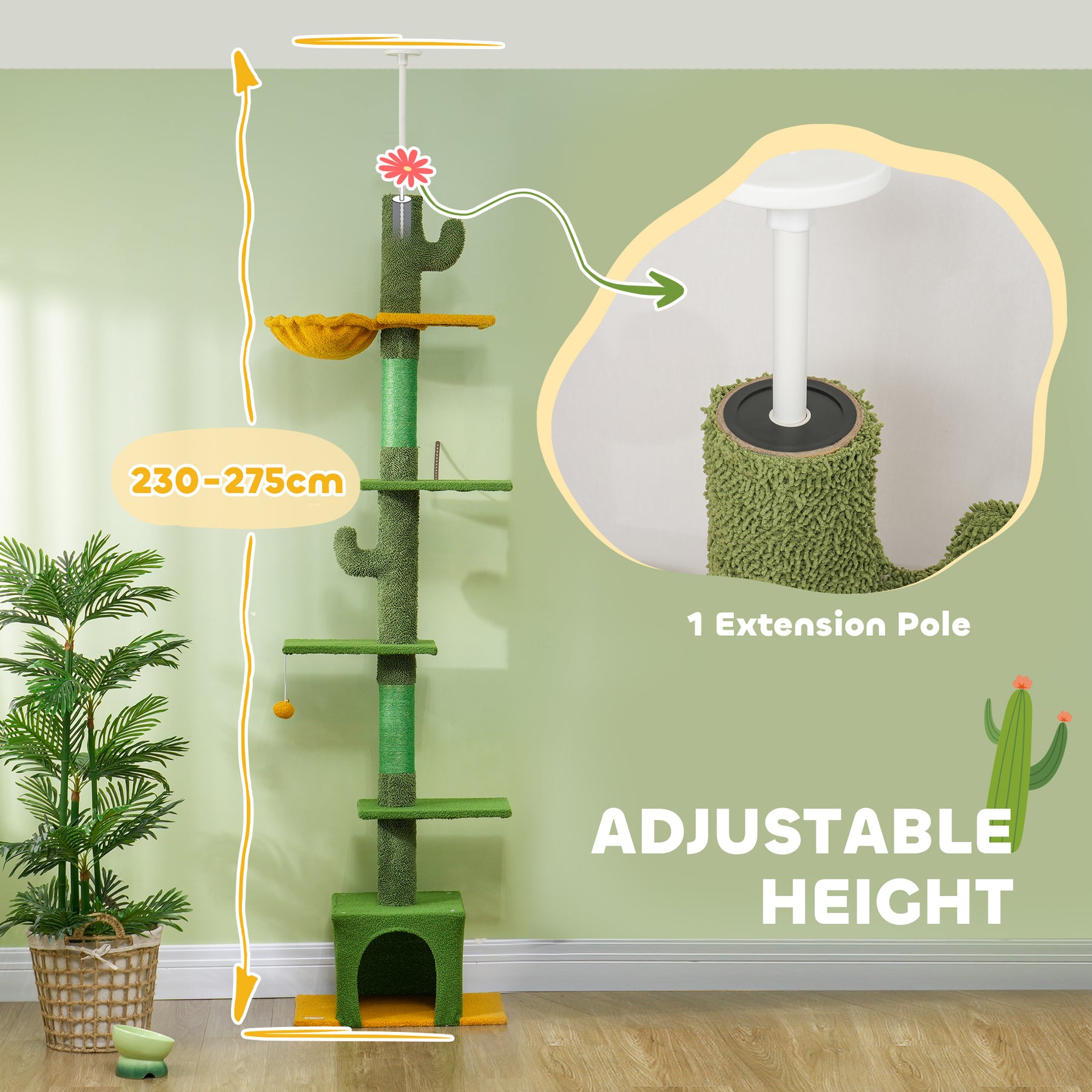 Floor-to-Ceiling Adjustable Cat Tree with Scratching Posts, Hammock