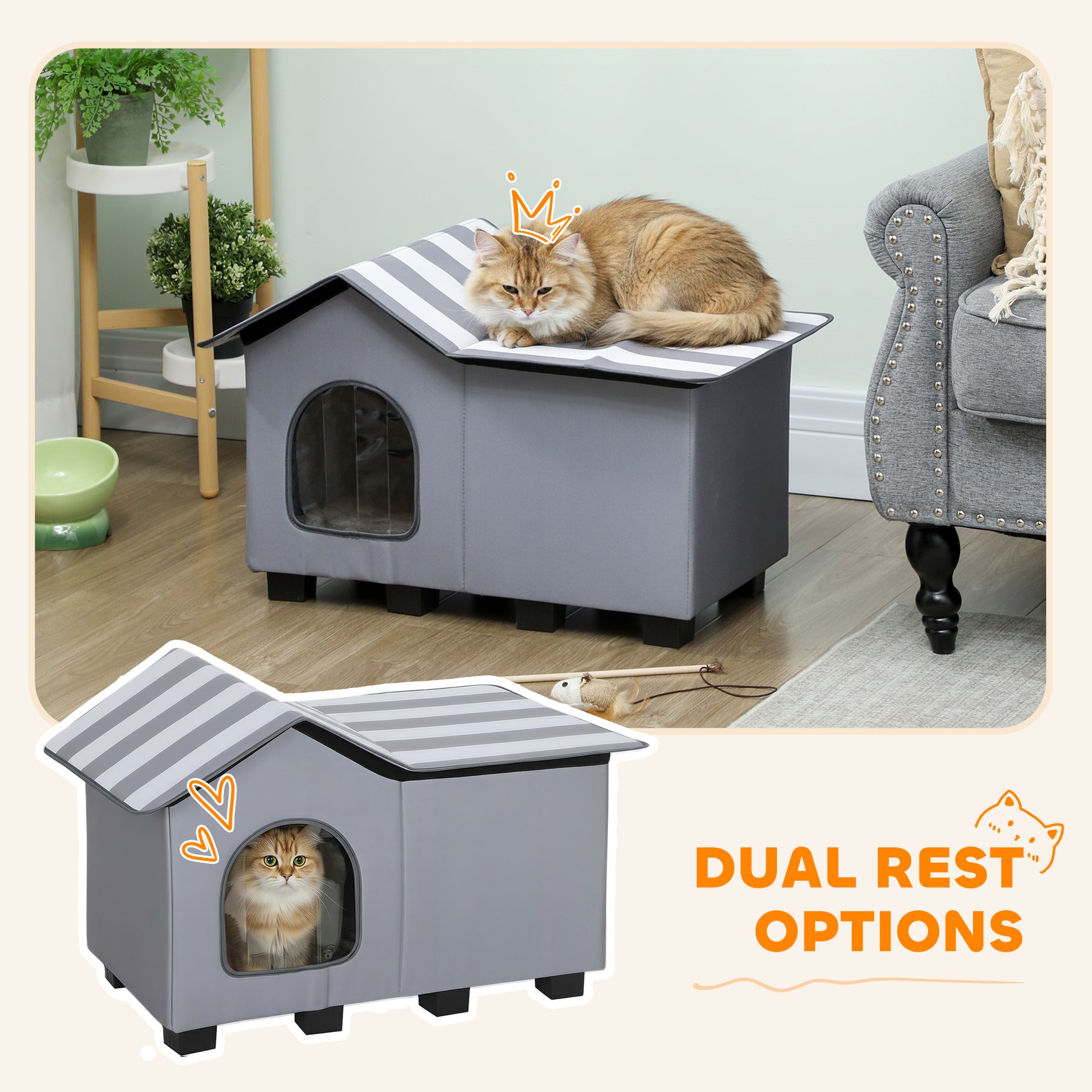 Outdoor Cat House, Weatherproof Feral Cat Cave with Elevated Base and Cushion for Winter, Grey
