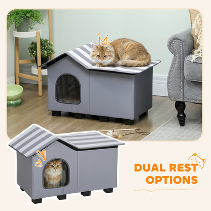 Outdoor Cat House, Weatherproof Feral Cat Cave with Elevated Base and Cushion for Winter, Grey