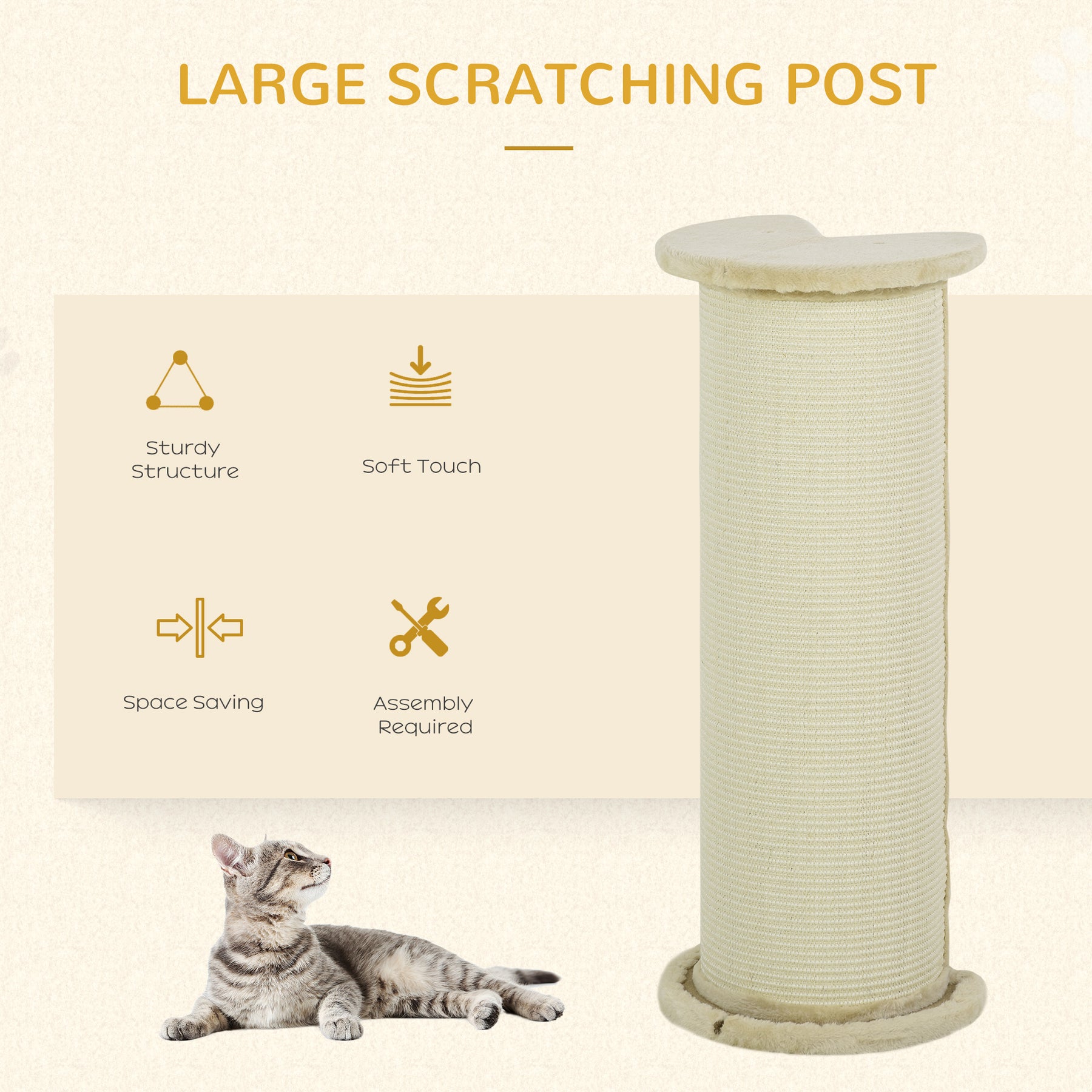 Cat Scratching Post: 85cm Tall with Sisal Rope, Soft Plush Cover, Anti-Tip Design for Indoor Use, Beige