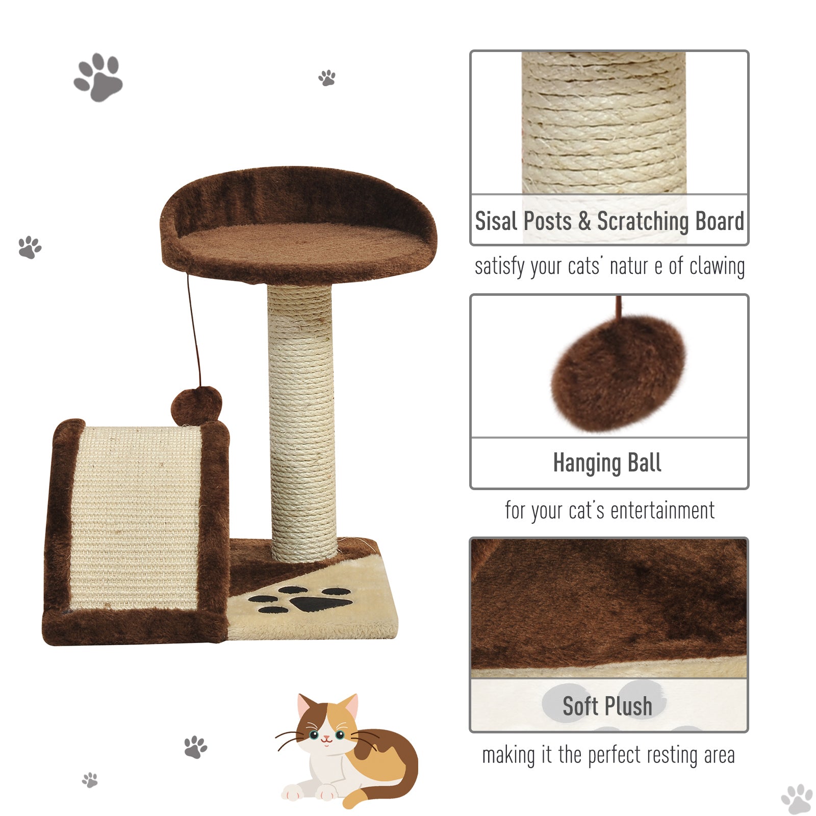 Cat Scratching Post, Indoor Activity Centre, Kitten Climber with Scratcher, Hanging Ball, Brown