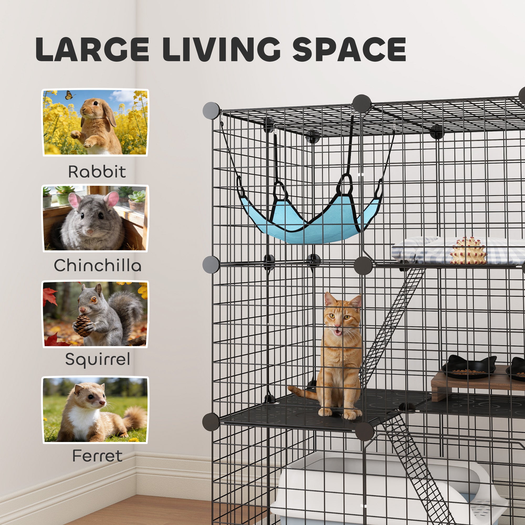 Indoor Cat Cage DIY Customizable 3-Tier Indoor Cat Enclosure with 3 Doors and Hammock  Black