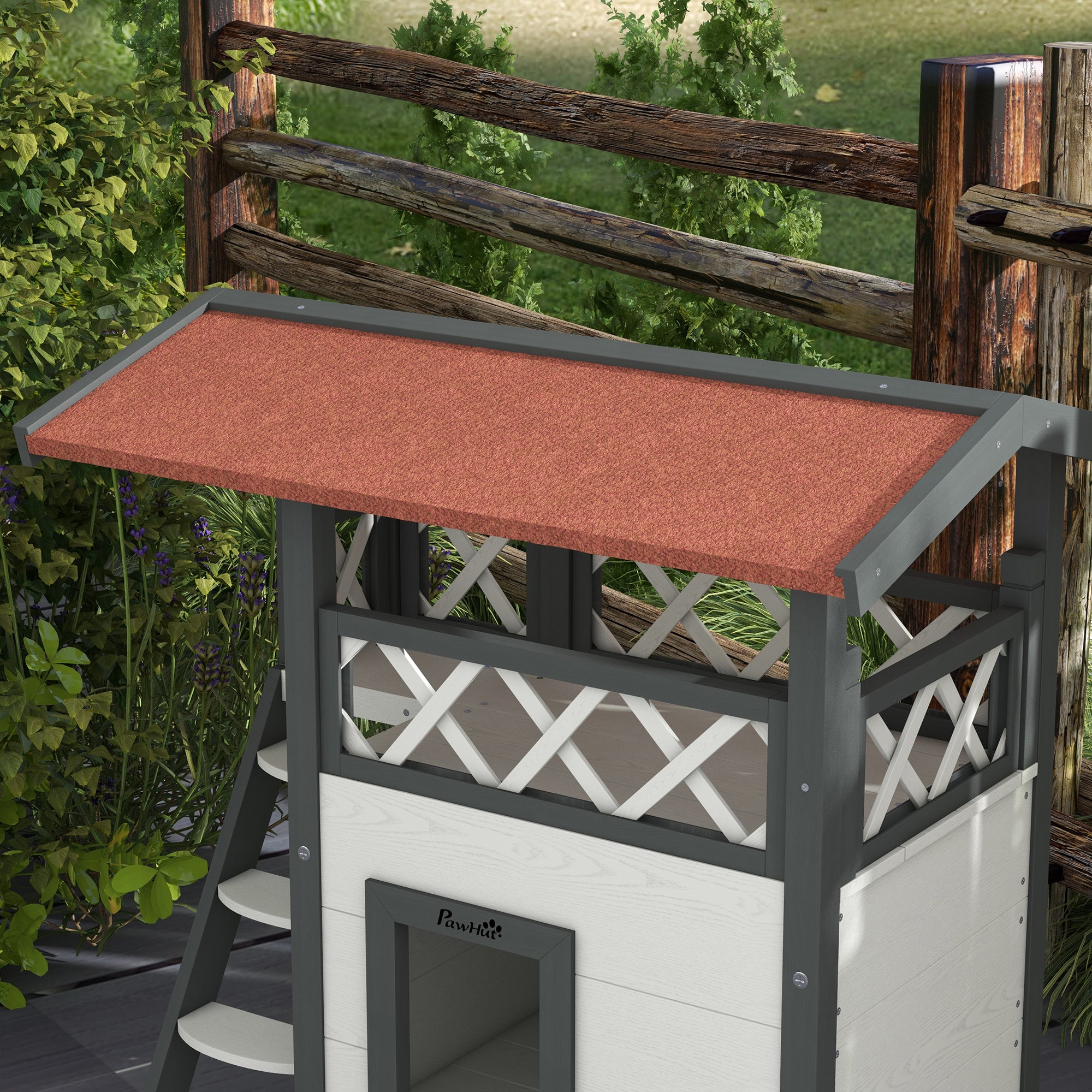 Cat House Outdoor w/ Balcony Stairs Roof, White