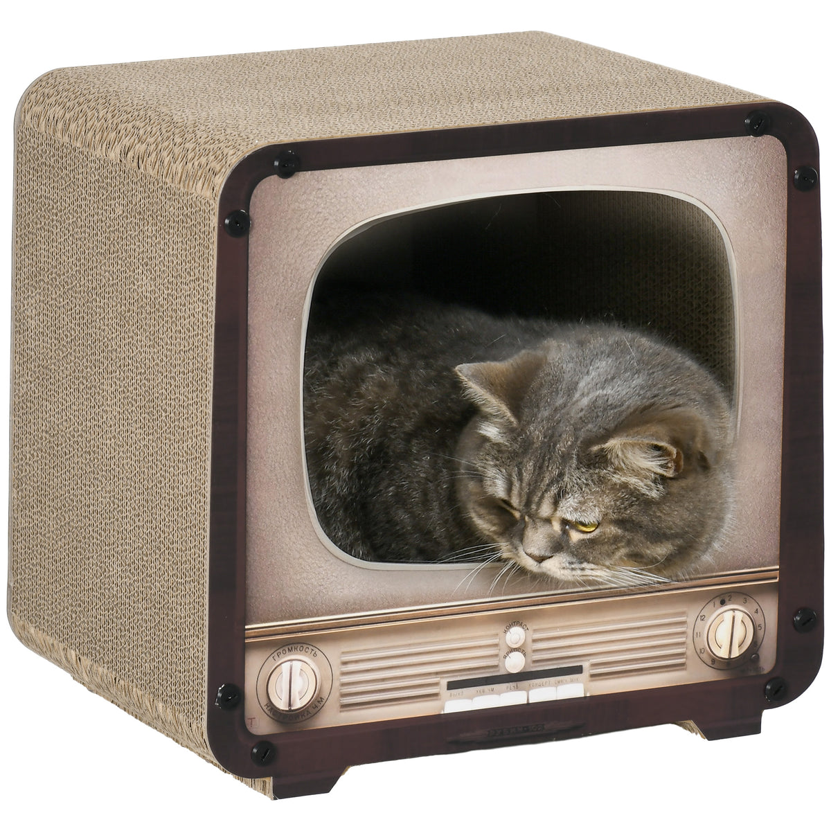 PawHut 2 in 1 TV Shape Cat Scratching Board House with Catnip, for Indoor Cats, Brown PawHut Default Title