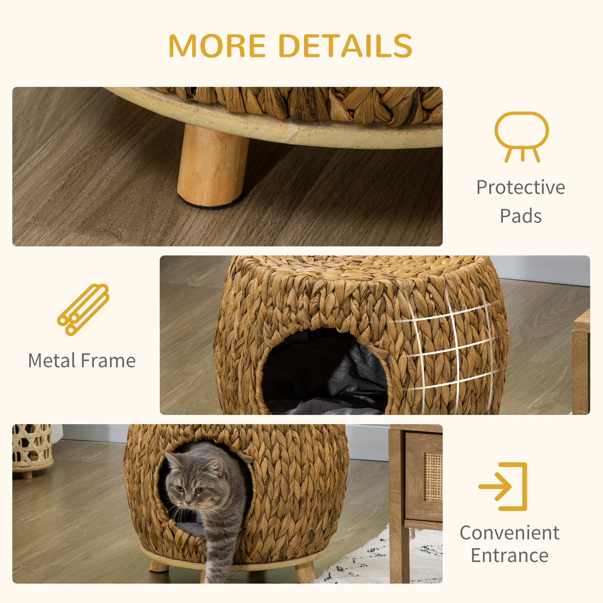 PawHut Wicker Cat Bed Cat House Stool with Washable Cushion, 44 x 43 x 41cm PawHut