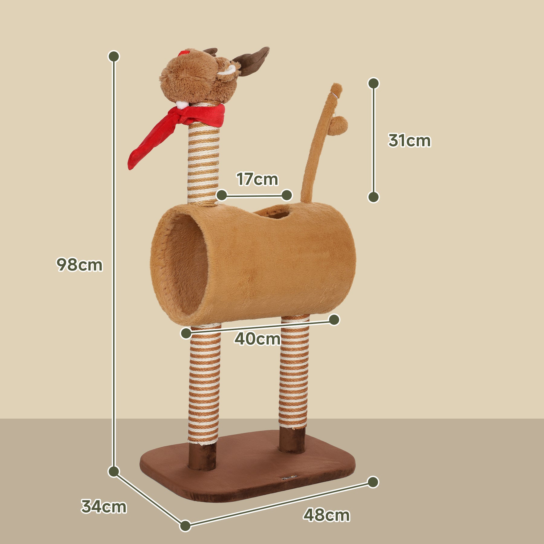 Deer Themed Cat Tree with Scratching Posts, Toy Ball, Tunnel, Brown
