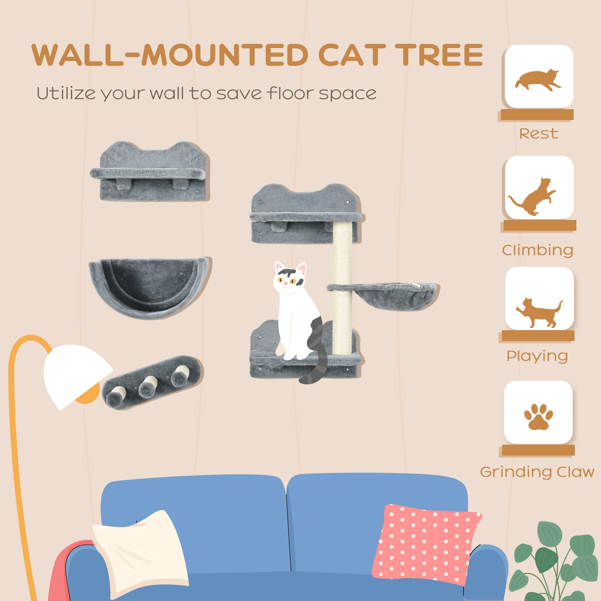 Cat Shelves Fit Cat Up to 5kg, 4-Piece Set with Scratching Post, Hammock, Nest, Safe for Cats to Play, Grey & Cream