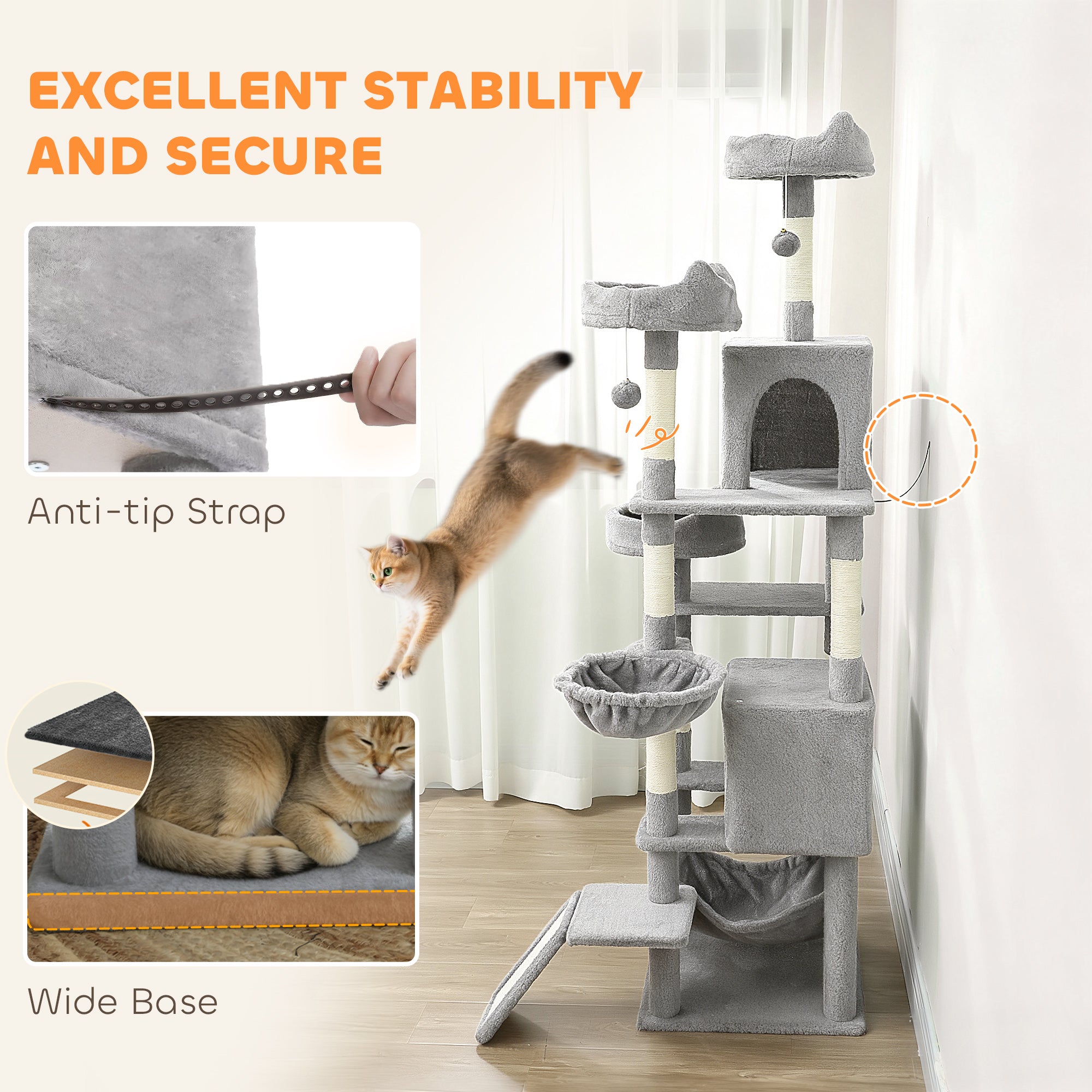 Cat Tree, Large Multi-Level Cat Tower for Indoor Kittens with 8 Scratching Posts, 3 Plush Beds, 2 Hammocks