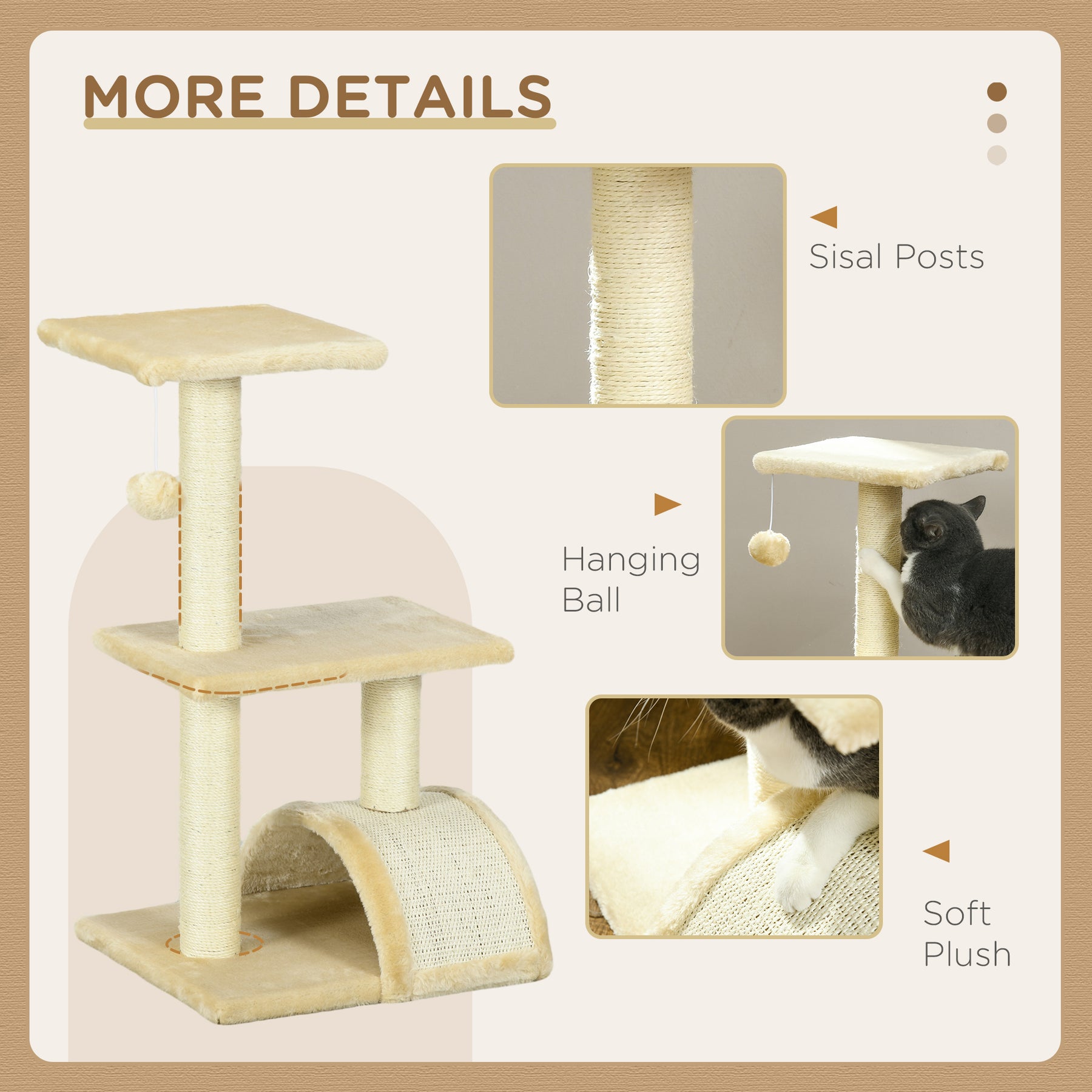 Cat Tree, Indoor Scratching Post with Pad, Sturdy and Comfortable, Cream White