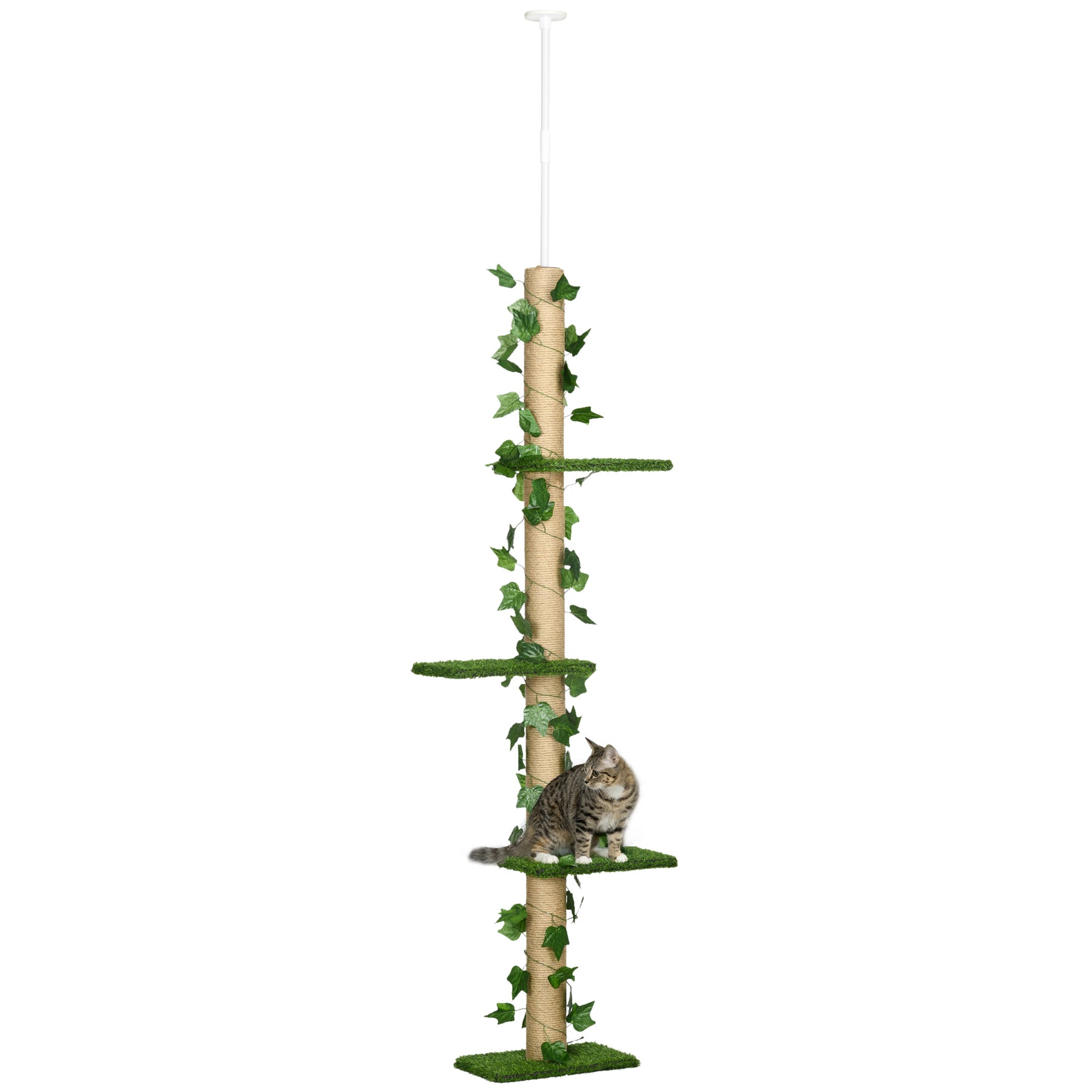 Floor to Ceiling Cat Tree,  Adjustable Kitten Tower, Anti-slip Kit, Highly Simulated Multi-Layer Activity Centre, Green