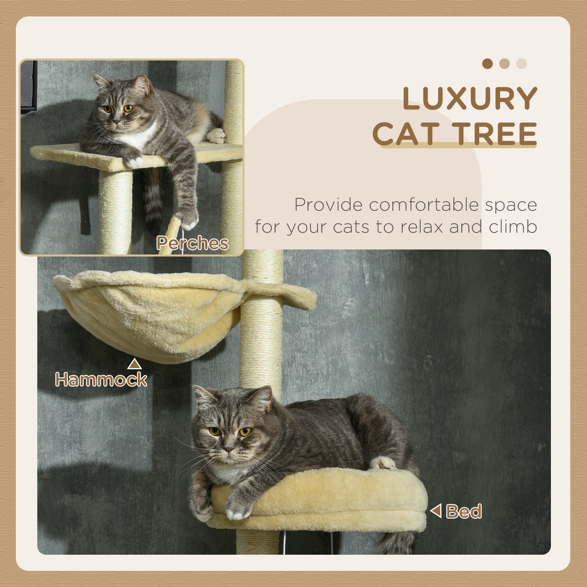 Cat Tree Floor to Ceiling, 6-Tier Play Tower with Scratching Post, Platforms, Adjustable Height, Beige