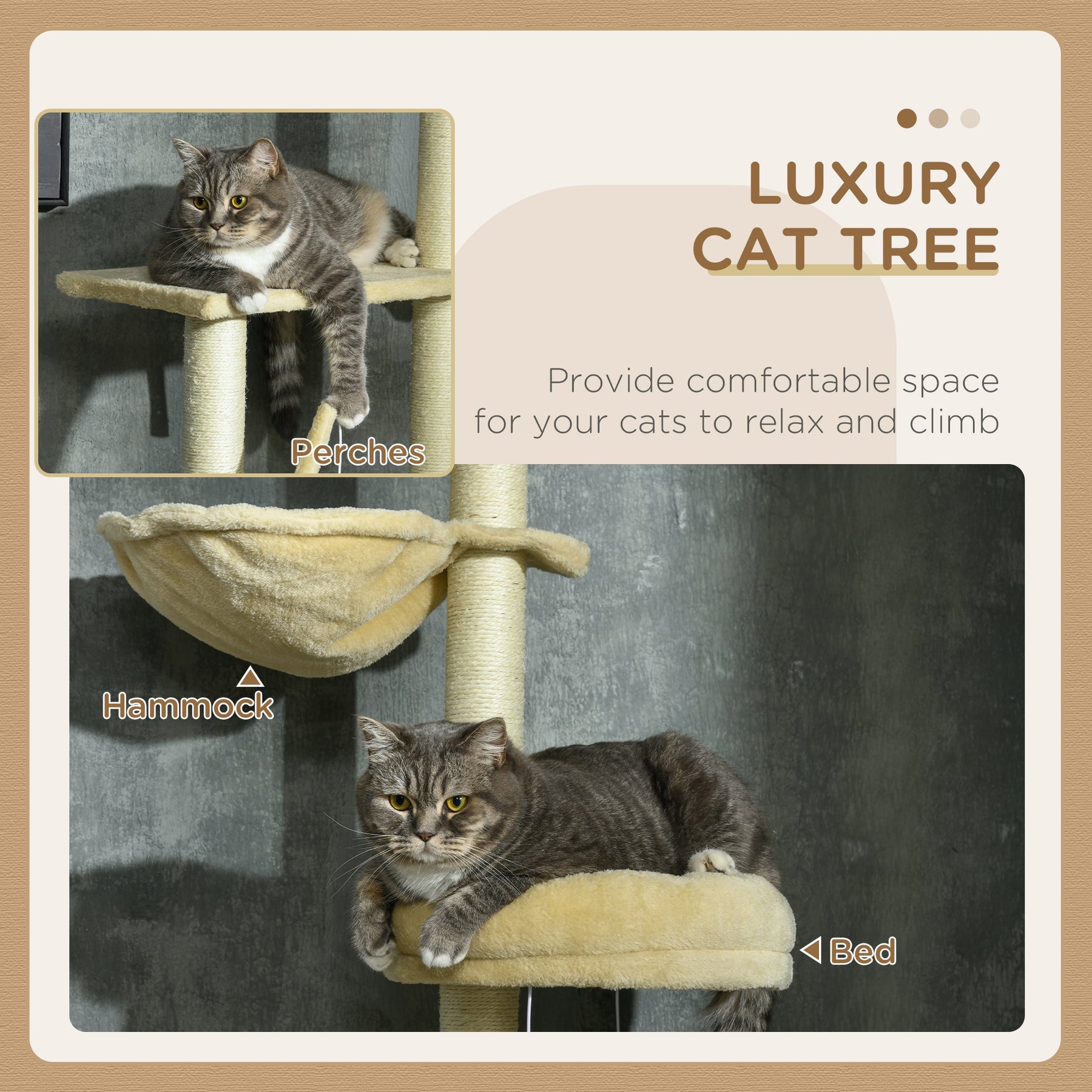 Cat Tree Floor to Ceiling, 6-Tier Play Tower with Scratching Post, Platforms, Adjustable Height, Beige