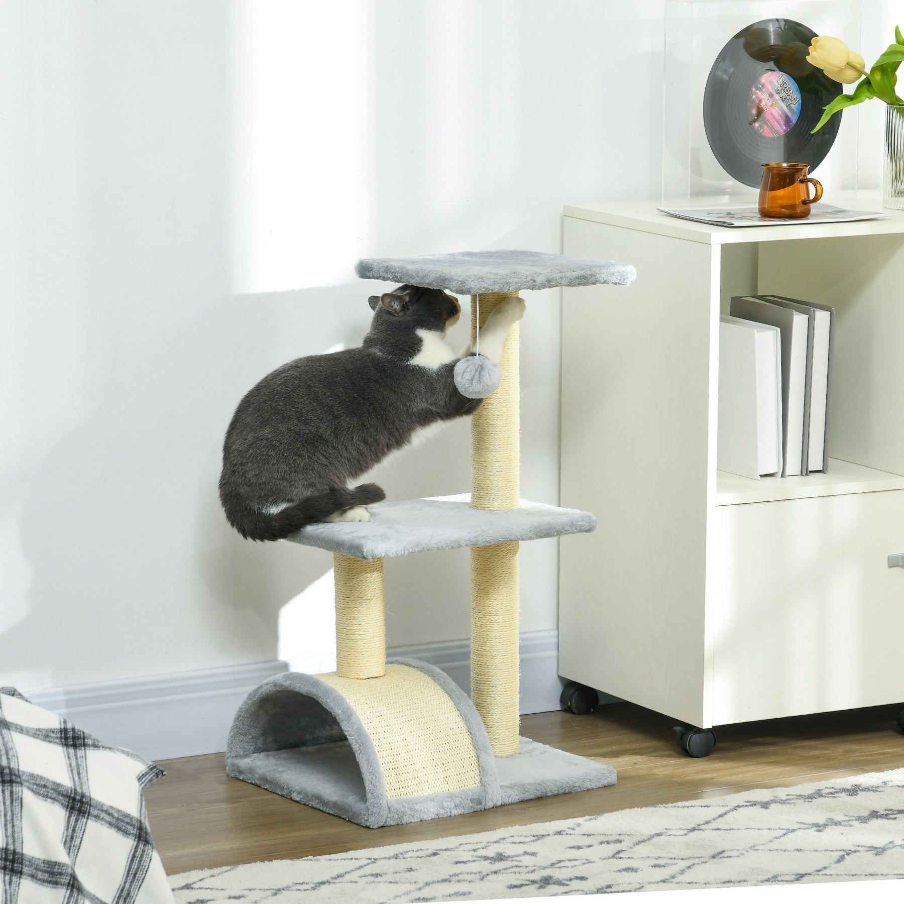 Compact Cat Tree for Indoor Use, Multi-Level with Sisal Scratching Posts, Cushioned Platform, Hanging Ball, Light Grey