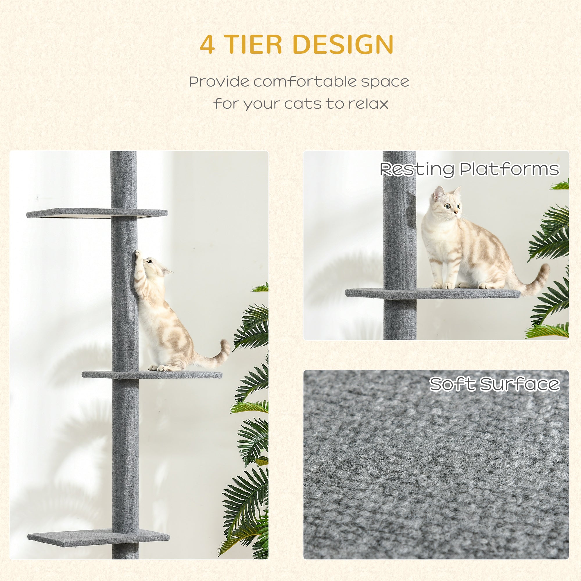 Cat Tree Tower, Floor to Ceiling with 3 Perches, Scratching Posts, Activity Centre for Kittens, Grey
