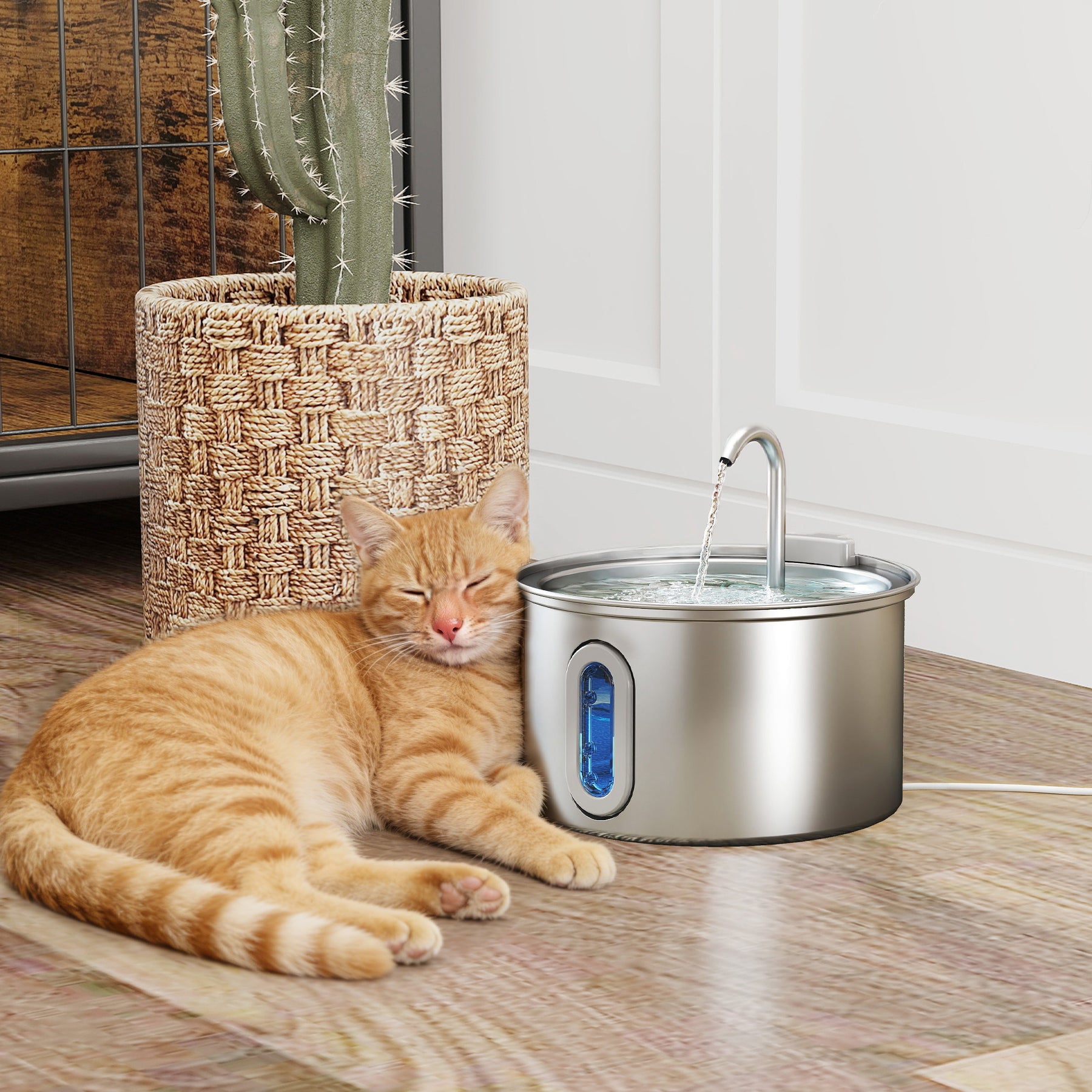 2.5L Stainless Steel Cat Water Fountain for Drinking with Ultra-Silent Pump, Water-Level Window, Filters