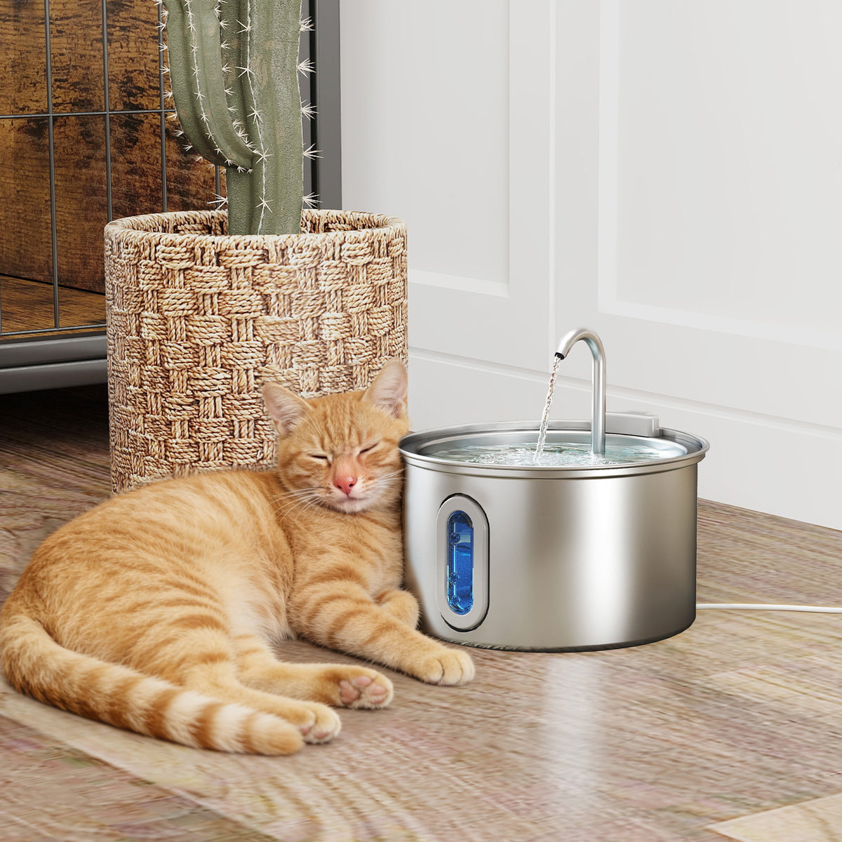 PawHut 2.5L Stainless Steel Cat Water Fountain for Drinking with Ultra-Silent Pump, Water-Level Window, 7 Filters PawHut