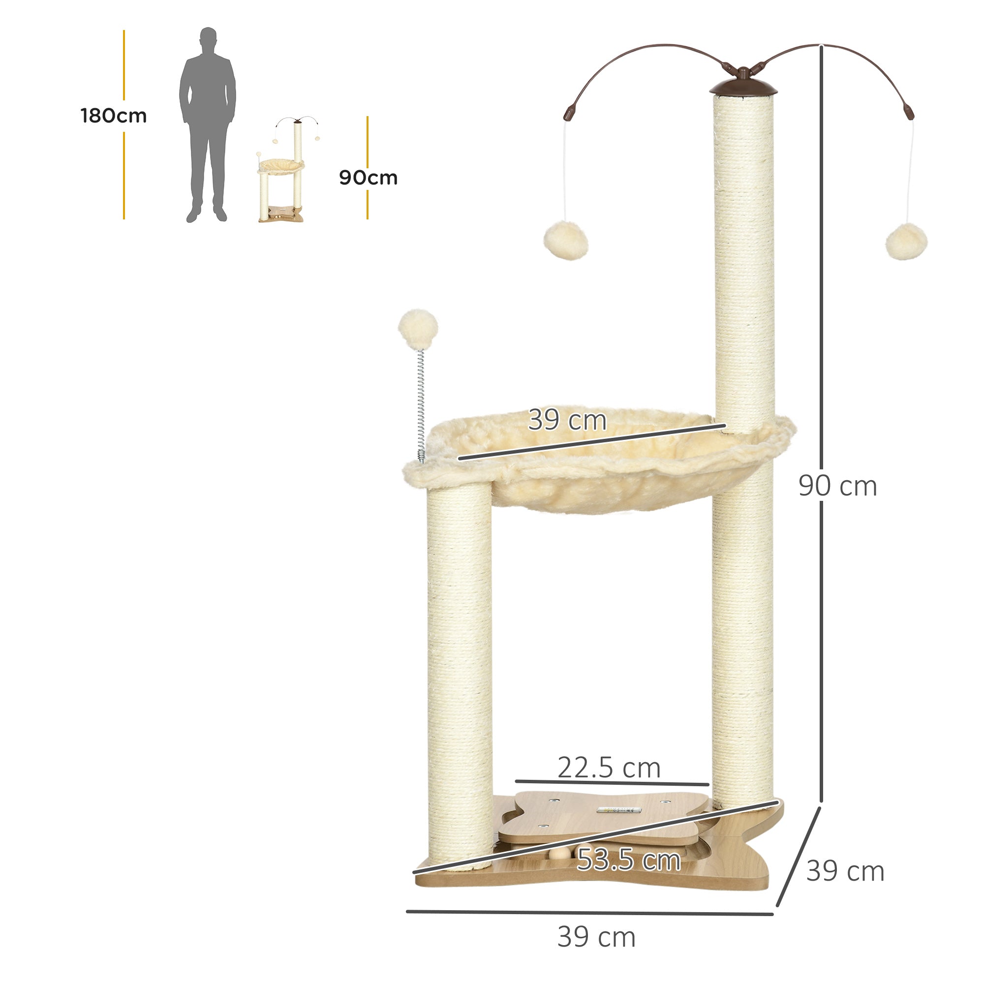 Cat Tree Indoor Kitten Play Tower, Sisal Scratching Posts with Hammock & Ball Toy, Beige