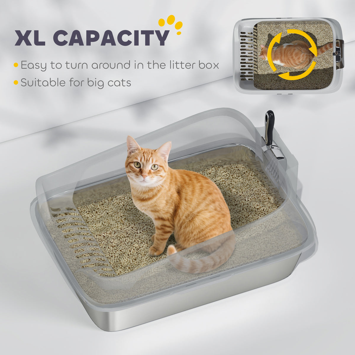 PawHut XL Stainless Steel Cat Litter Box with High Sides, Metal Scoop, 60 x 40 x 30 cm PawHut