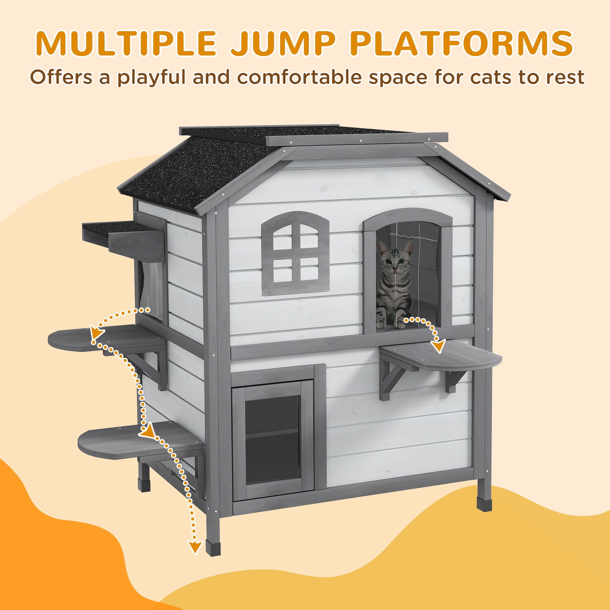 2-Storey Indoor or Outdoor Wooden Cat Enclosure Kitty Shelter with Escape Door, Openable Weatherproof & Waterproof Roof, White
