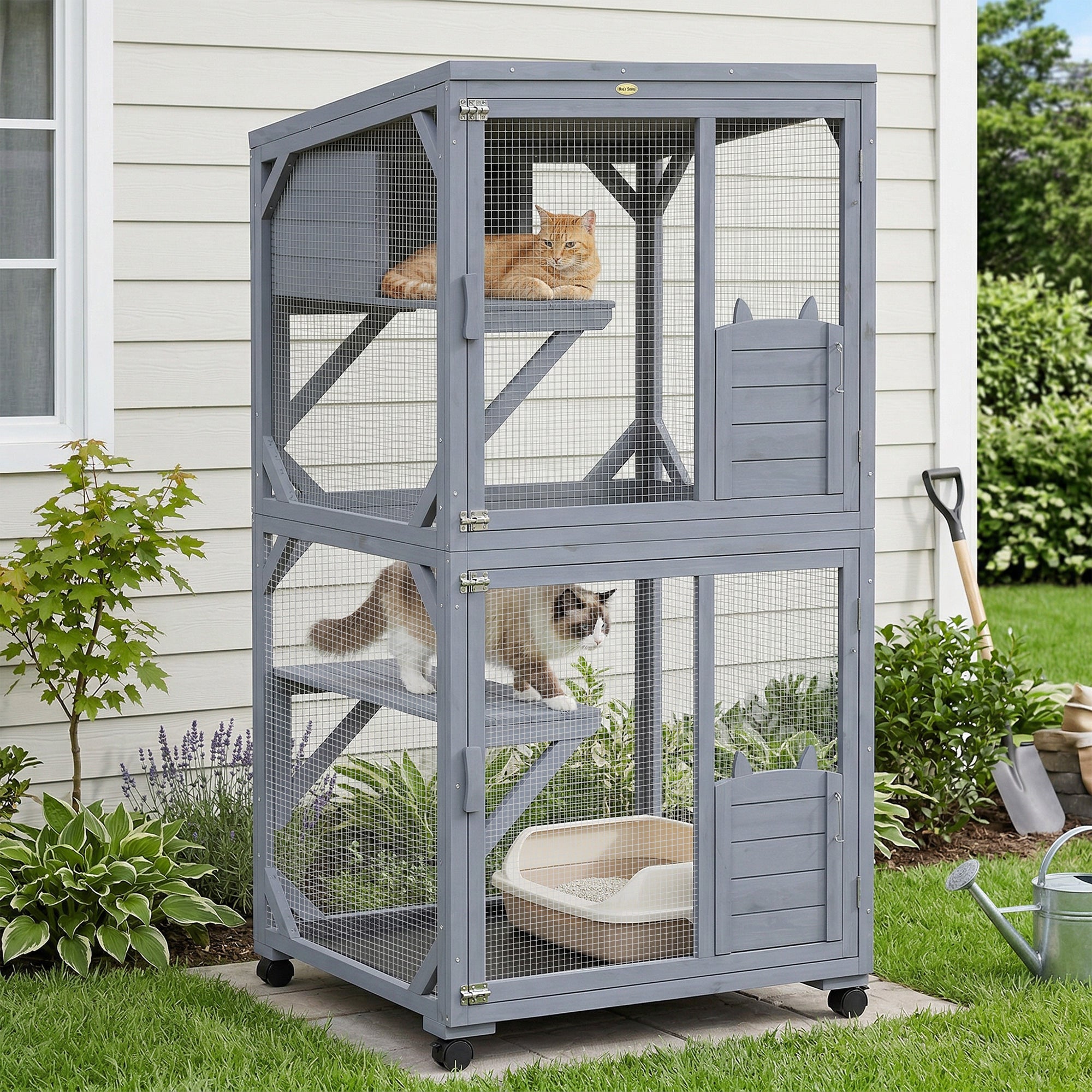 Movable Outdoor Catio with Resting Box, 3 Jumping Platforms, Waterproof Asphalt Roof for Outdoor Indoor