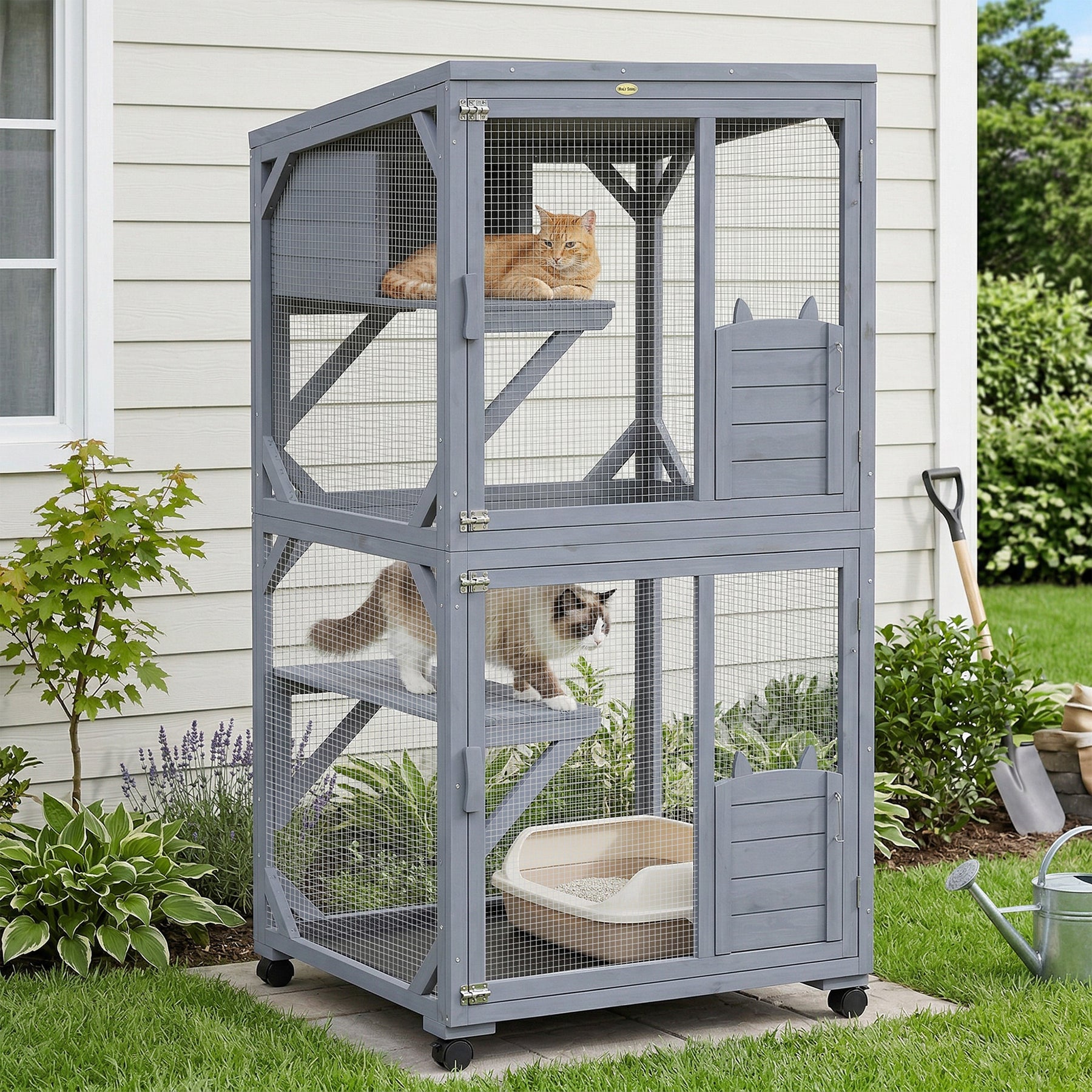 Movable Outdoor Catio with Resting Box, 3 Jumping Platforms, Waterproof Asphalt Roof for Outdoor Indoor