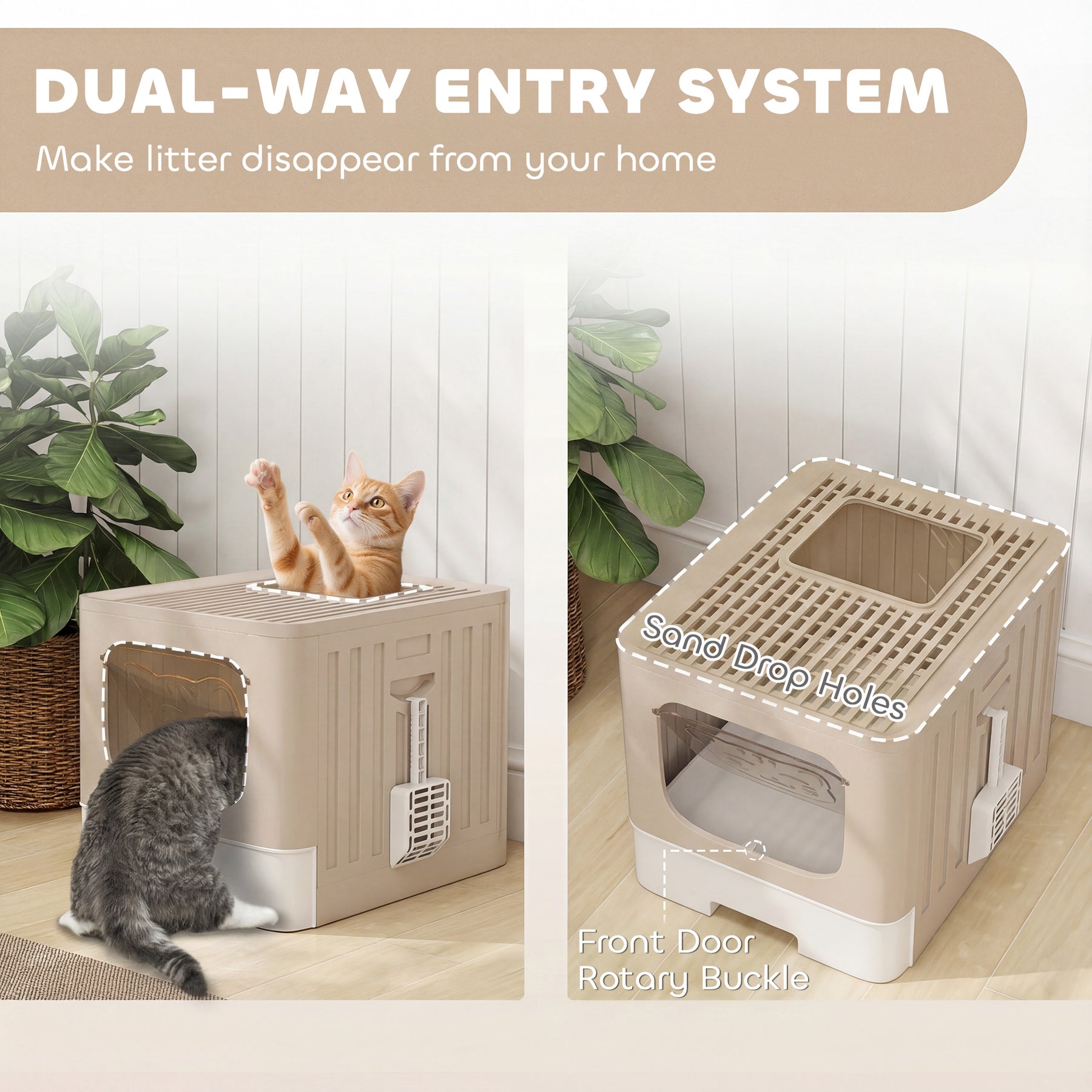 Foldable Cat Litter Box with Lid, Slide-Out Drawer, Scoop, Easy Clean, Odour Control, Anti-Splashing, Khaki