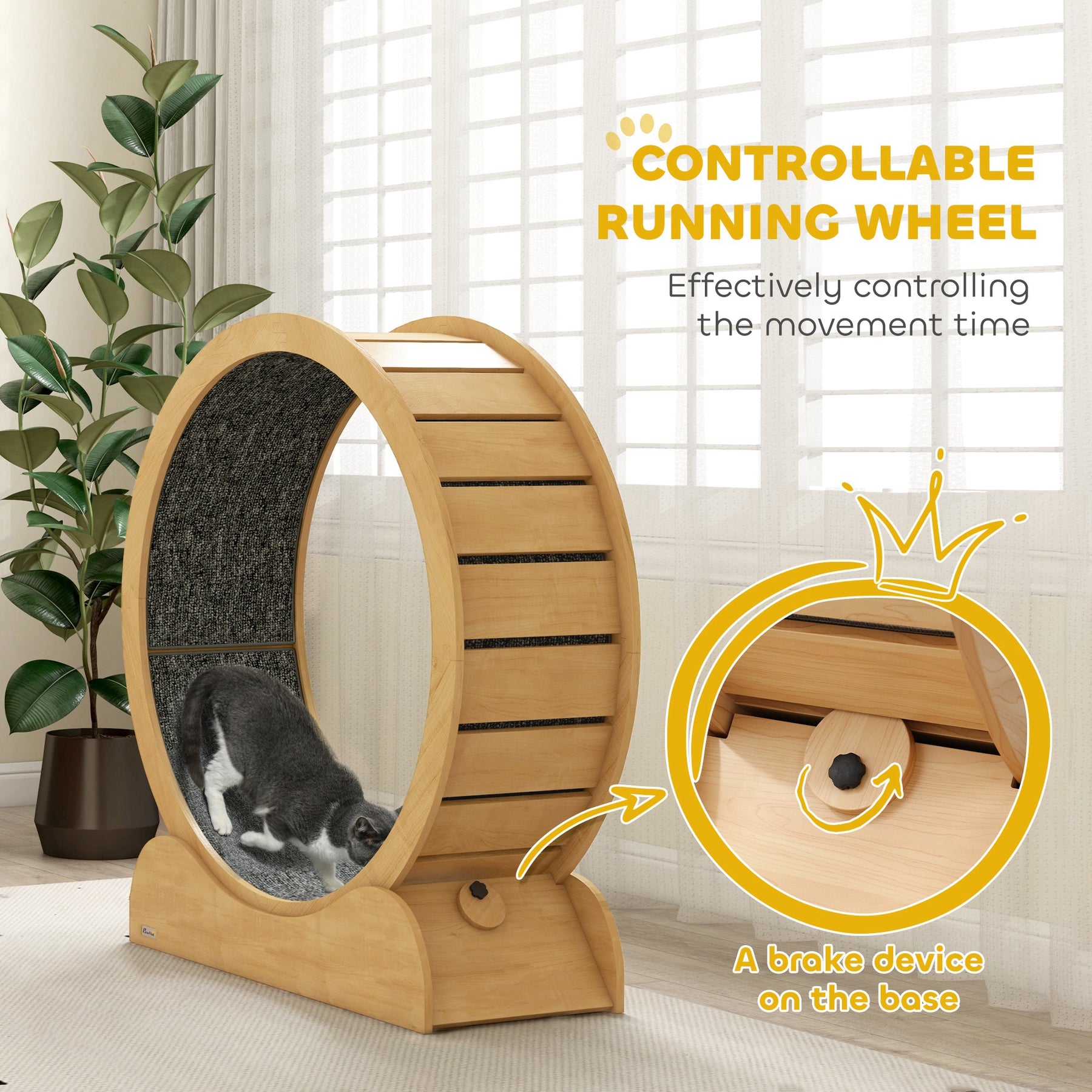 Wooden Cat Running Wheel with Brake, Natural