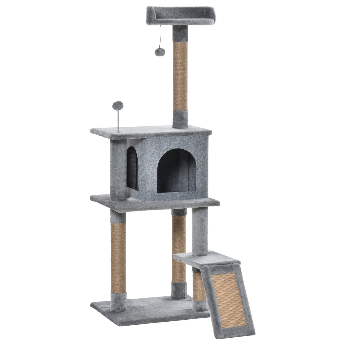 PawHut 142cm Cat Tree with Jute Scratching Posts, Platform & Hanging Toy – Grey Cat Trees & Towers PawHut Default Title