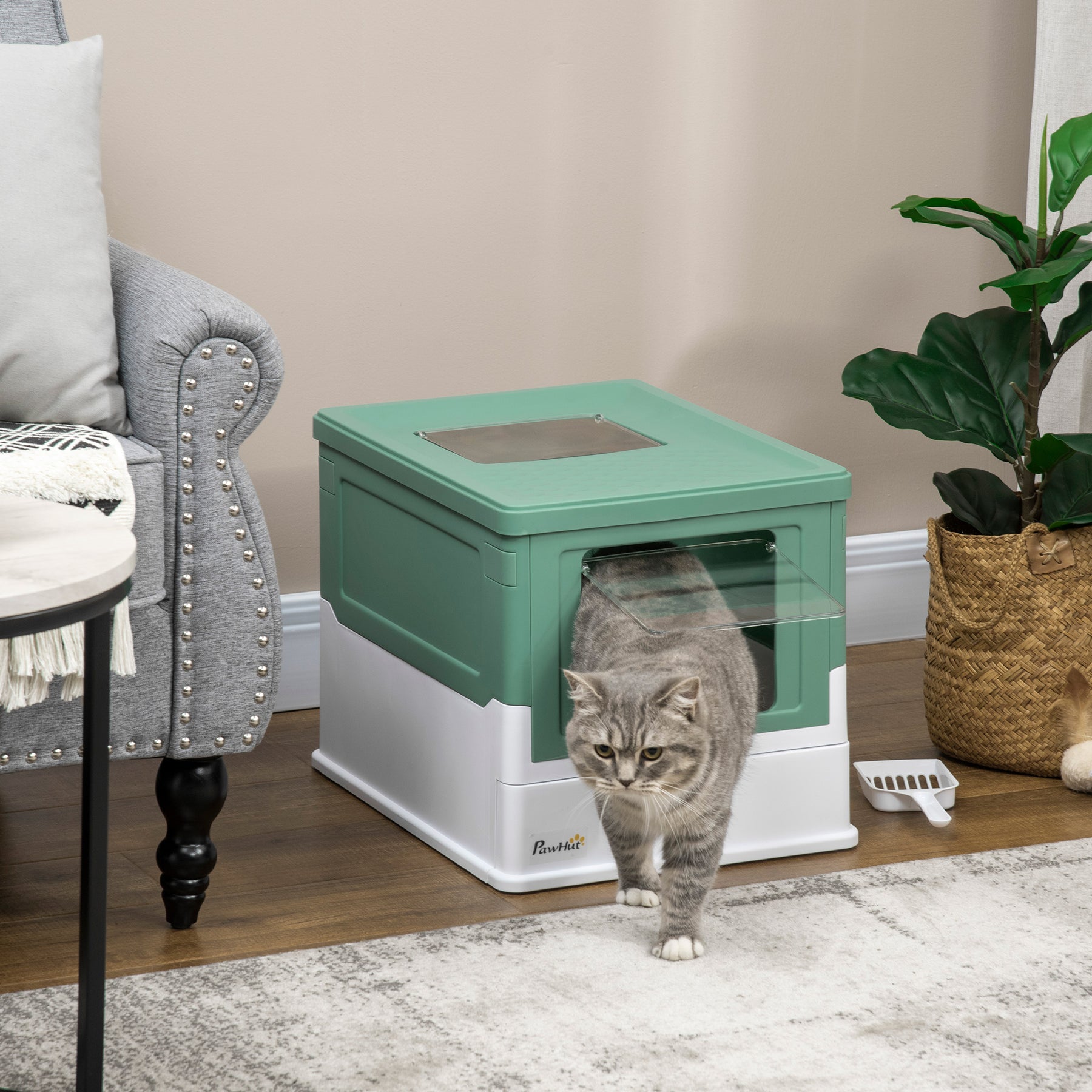 Enclosed Cat Litter Box with Scoop, Front Entry & Top Exit, Spacious Portable Pet Toilet, Green