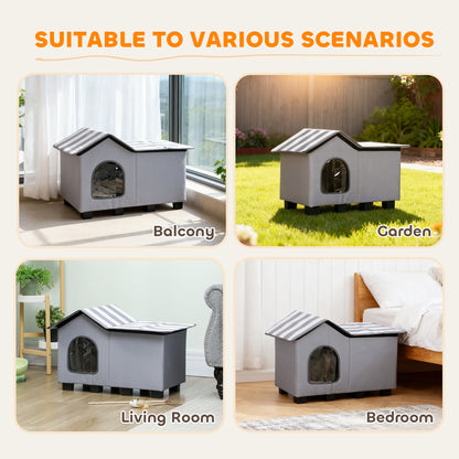 Outdoor Cat House, Weatherproof Feral Cat Cave with Elevated Base and Cushion for Winter, Grey