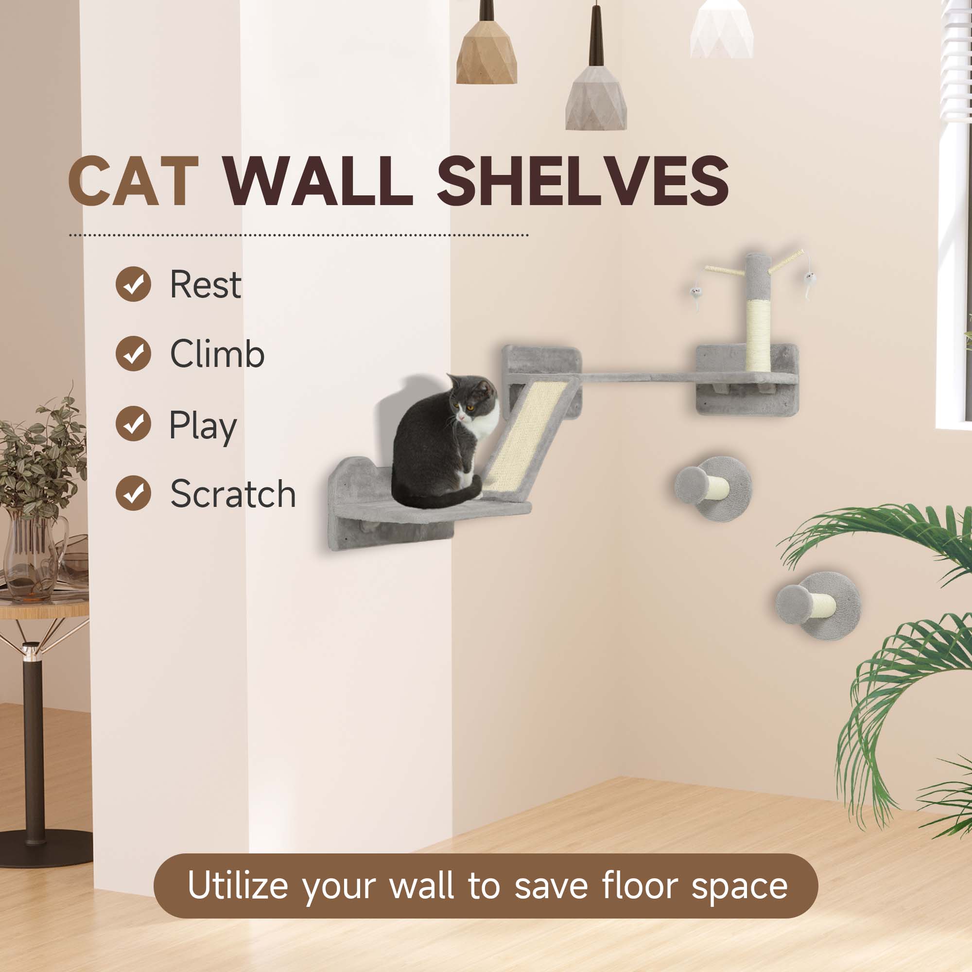 Cat Shelves with Scratching Posts, Scratching Pads, Perches, Cat Wands, Toy Balls, 3PCs for Indoor Light Grey