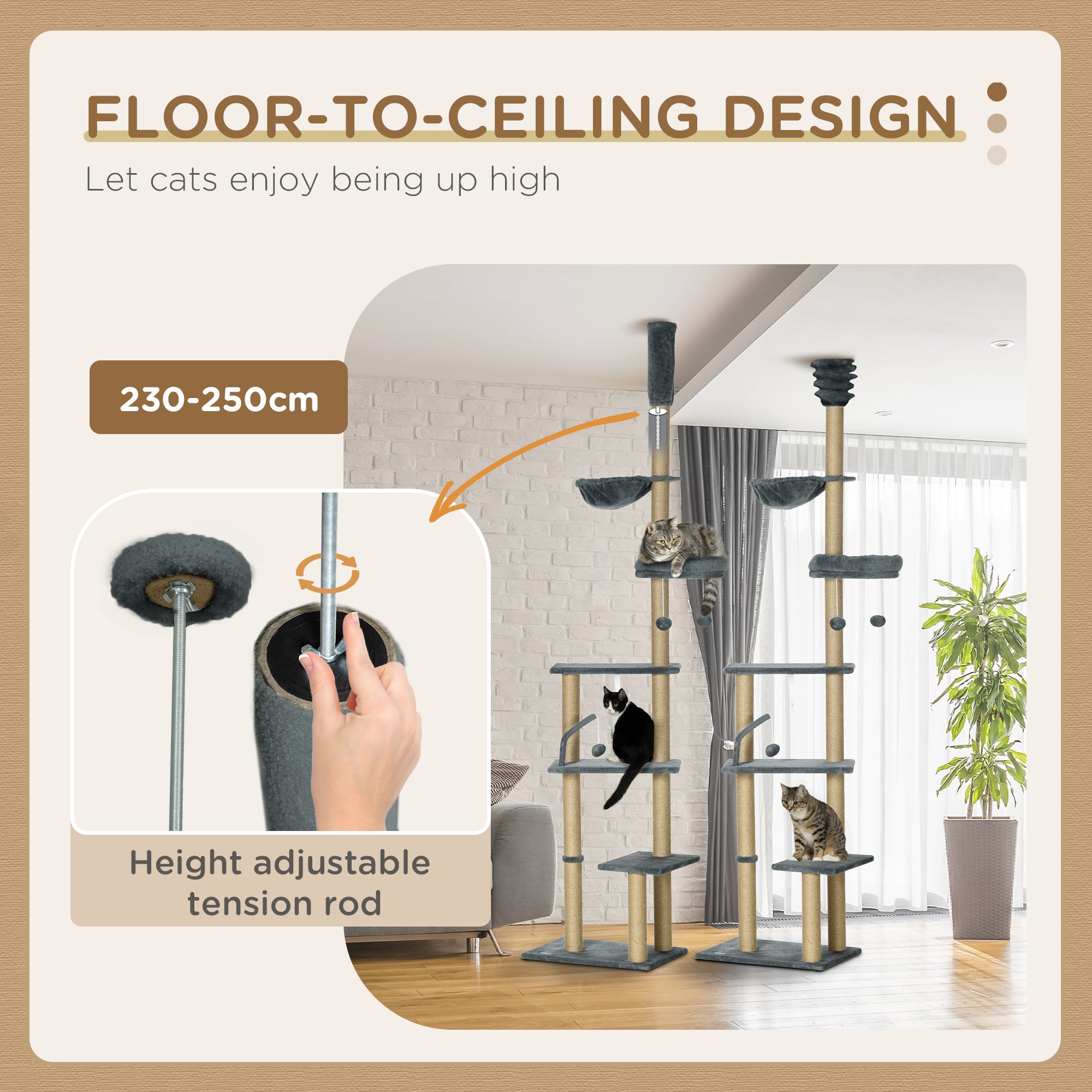 Floor to Ceiling Cat Tree, 6-Tier Climbing Activity Centre with Scratching Post, Hammock, Adjustable Height , Grey