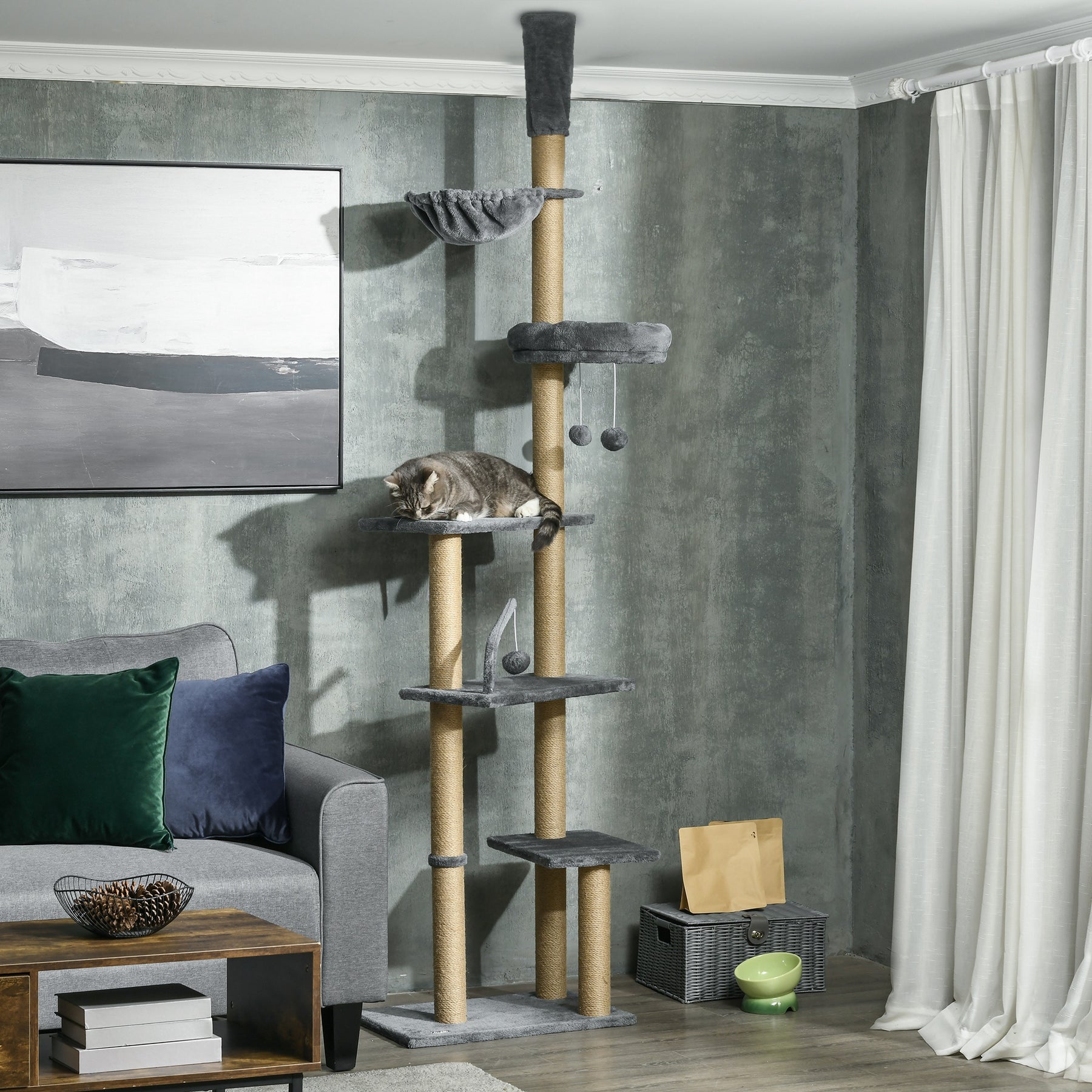 Floor to Ceiling Cat Tree, 6-Tier Climbing Activity Centre with Scratching Post, Hammock, Adjustable Height , Grey