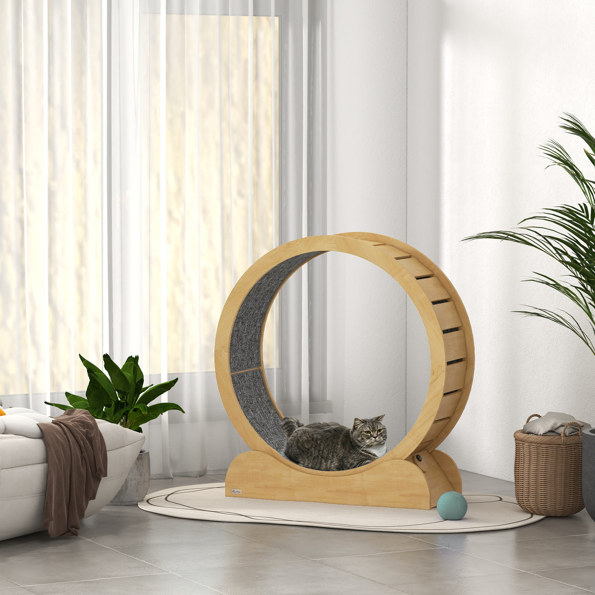 PawHut 39.4" Wooden Cat Running Wheel with Brake, Natural PawHut