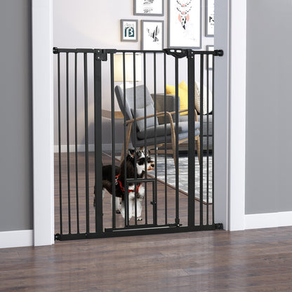 PawHut Extra Tall Pet Gate, Indoor Dog Safety Gate, with Cat Flap, Auto Close, 74-101cm Wide - Black PawHut