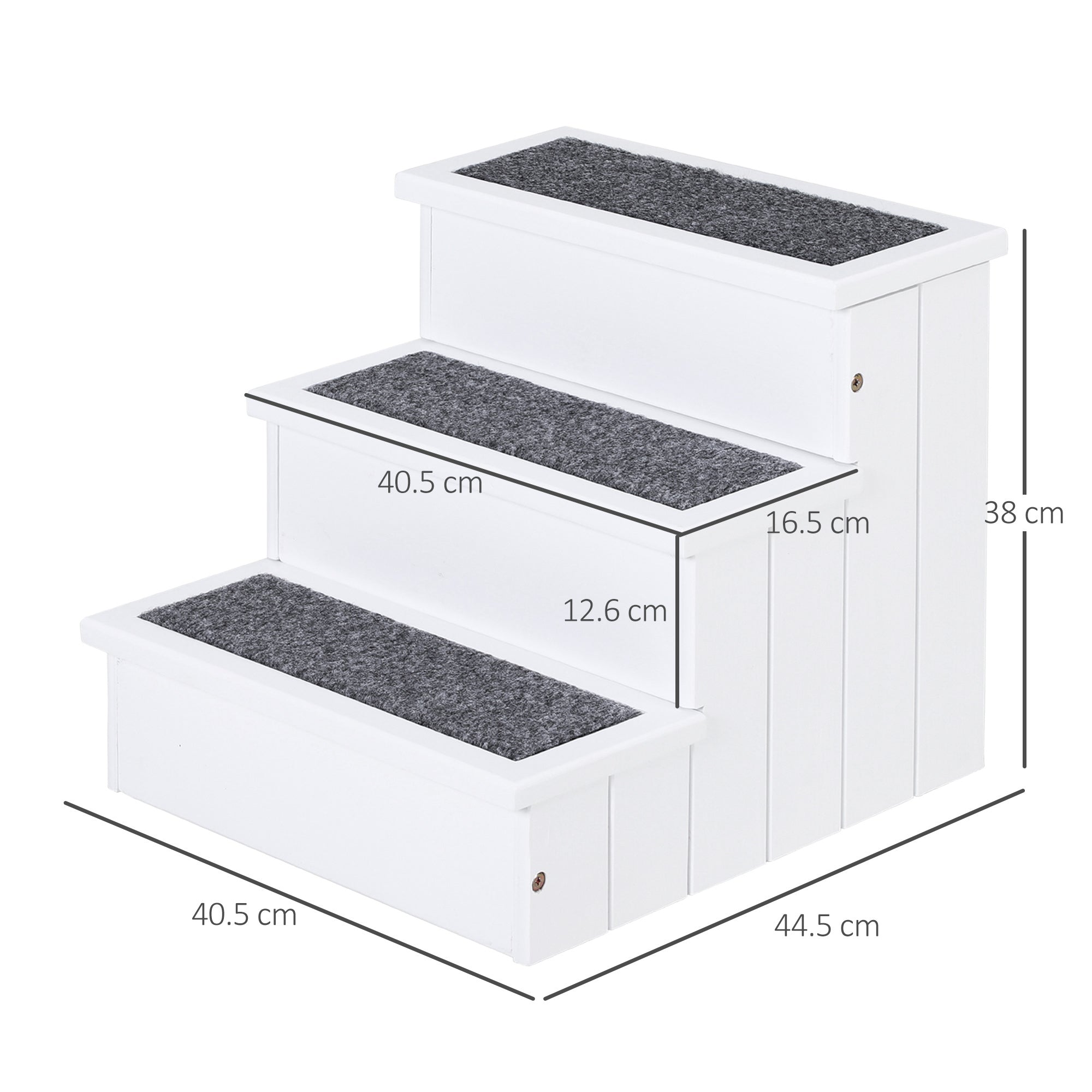 3 Step Wooden Pet Stairs, Carpeted Ramp for Cats & Small Dogs, Non-Slip Carpet, Compact, White