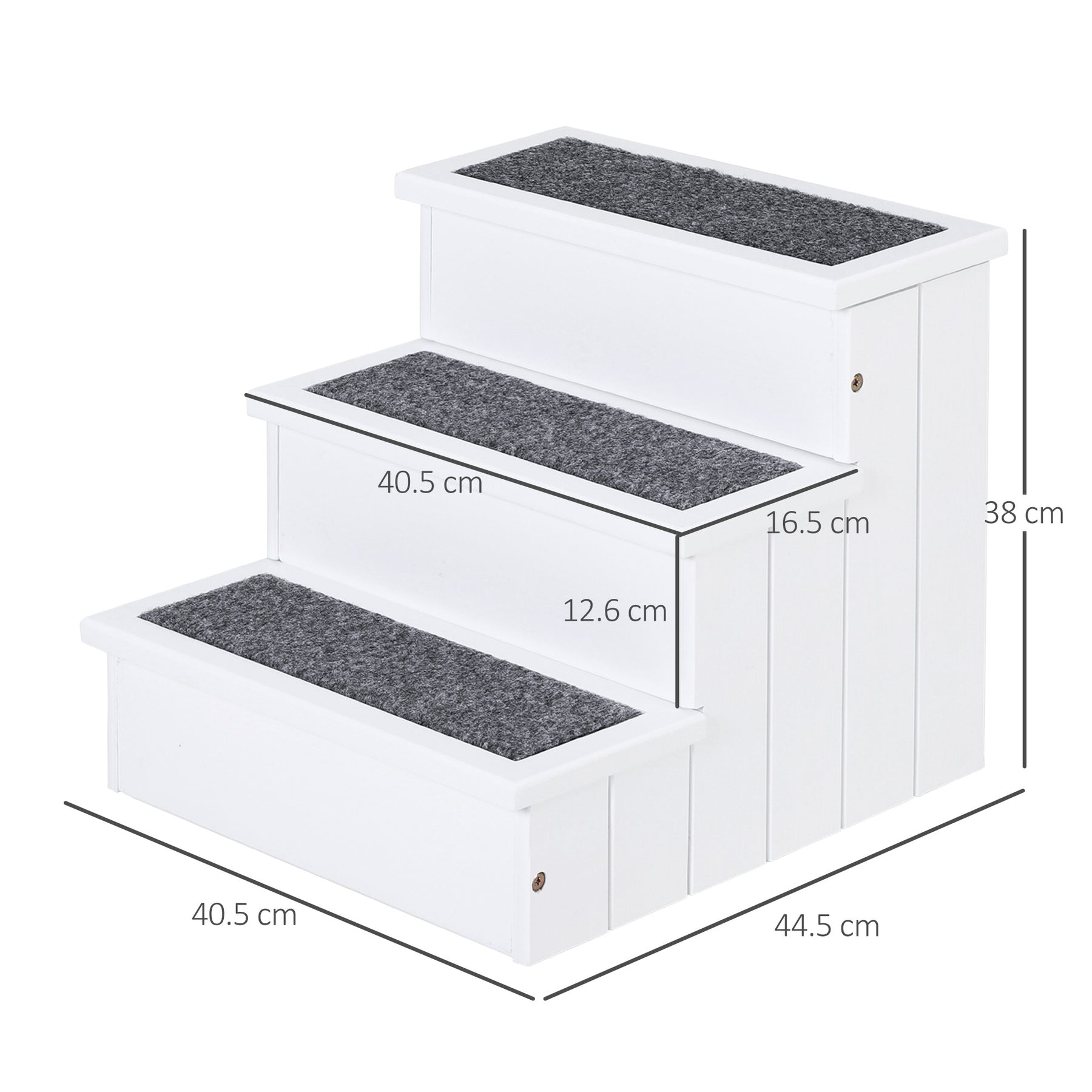 3 Step Wooden Pet Stairs, Carpeted Ramp for Cats & Small Dogs, Non-Slip Carpet, Compact, White