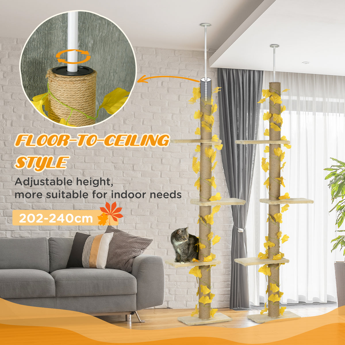 PawHut Adjustable Floor to Ceiling Cat Tree with Jute Scratching Posts & Perches Floor to Ceiling Cat Trees PawHut