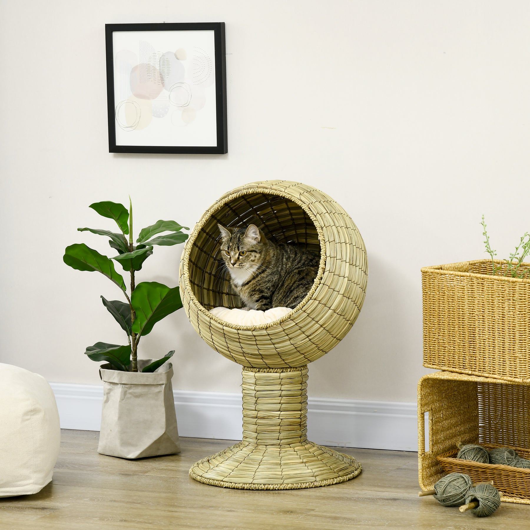 Cat House Elevated, Natural Mat Grass Bed, Round Kitten Cave with Cushion, Detachable Top, Yellow