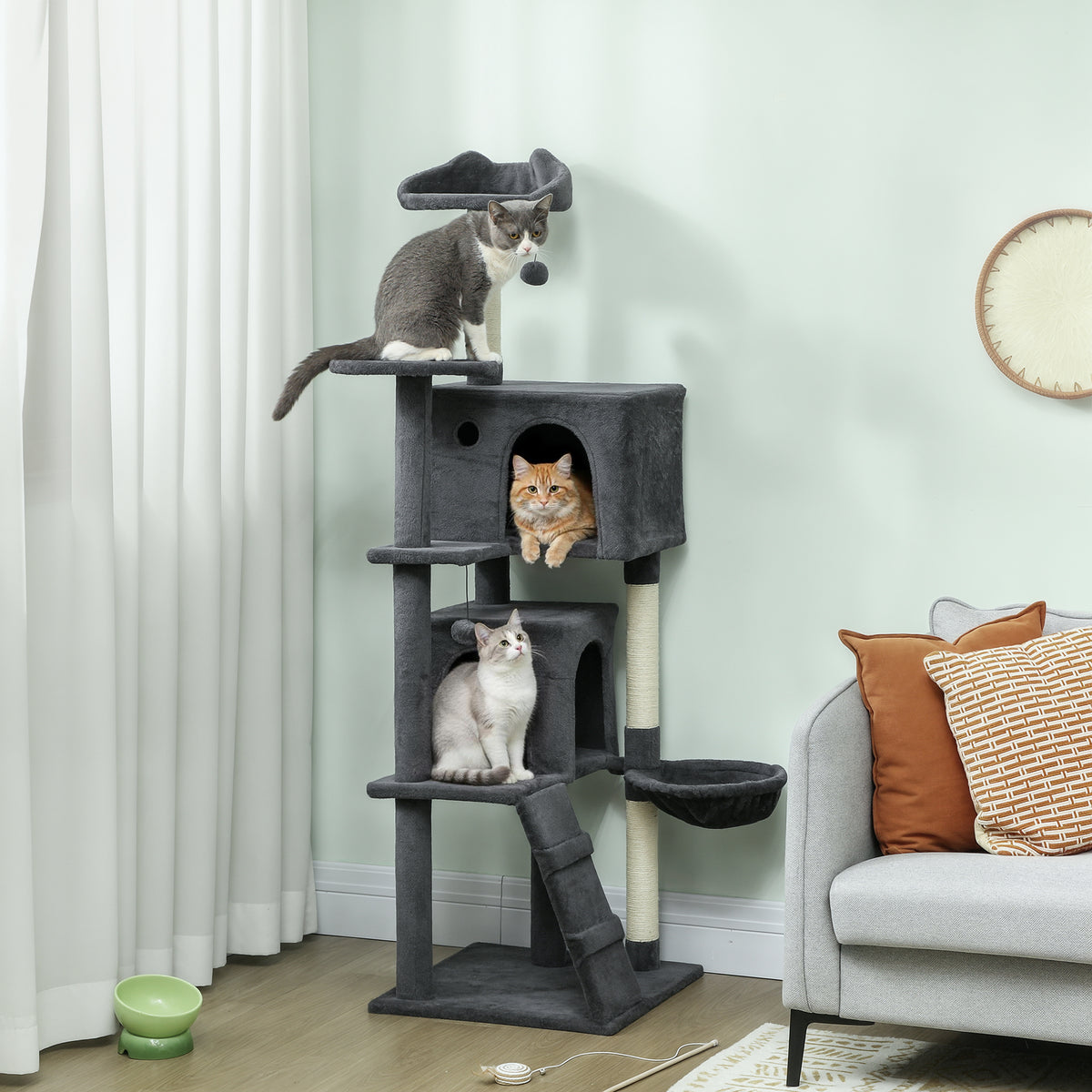PawHut 160cm Large Cat Tree Tower with Sisal Scratching Posts, Condos, Plush Perches, Hammock, Ladder, Dark Grey PawHut