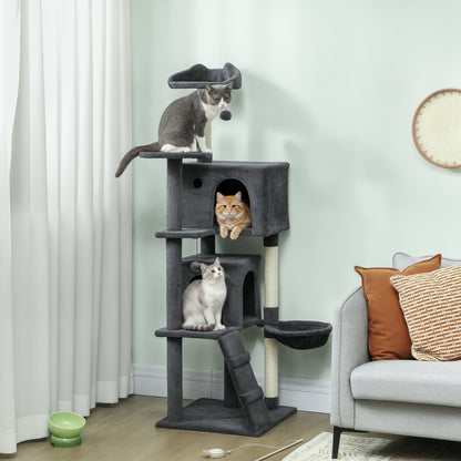 PawHut 160cm Large Cat Tree Tower with Sisal Scratching Posts, Condos, Plush Perches, Hammock, Ladder, Dark Grey PawHut