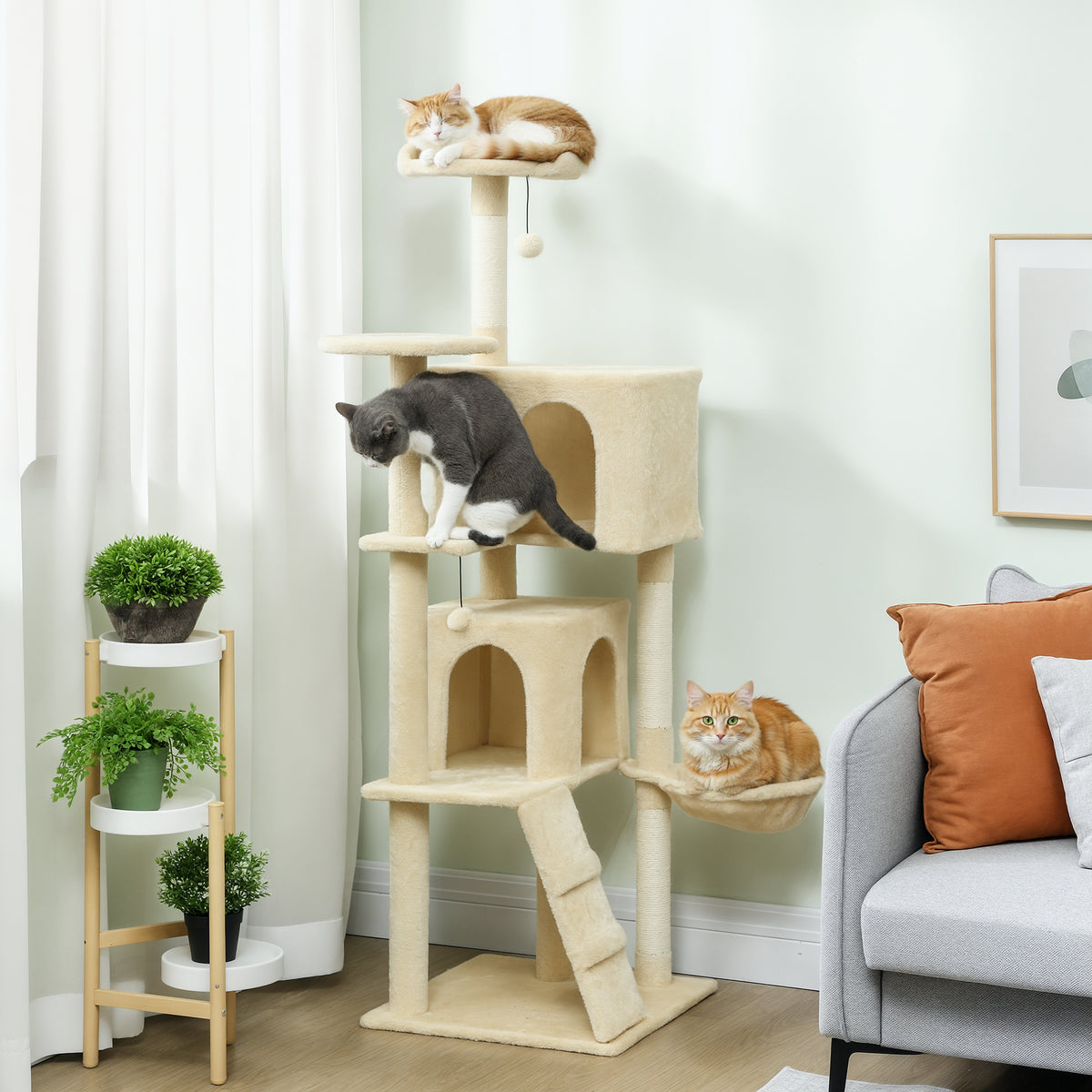 PawHut 160cm Large Cat Tree Tower with Sisal Scratching Posts, Condos, Plush Perches, Hammock, Ladder, Beige PawHut