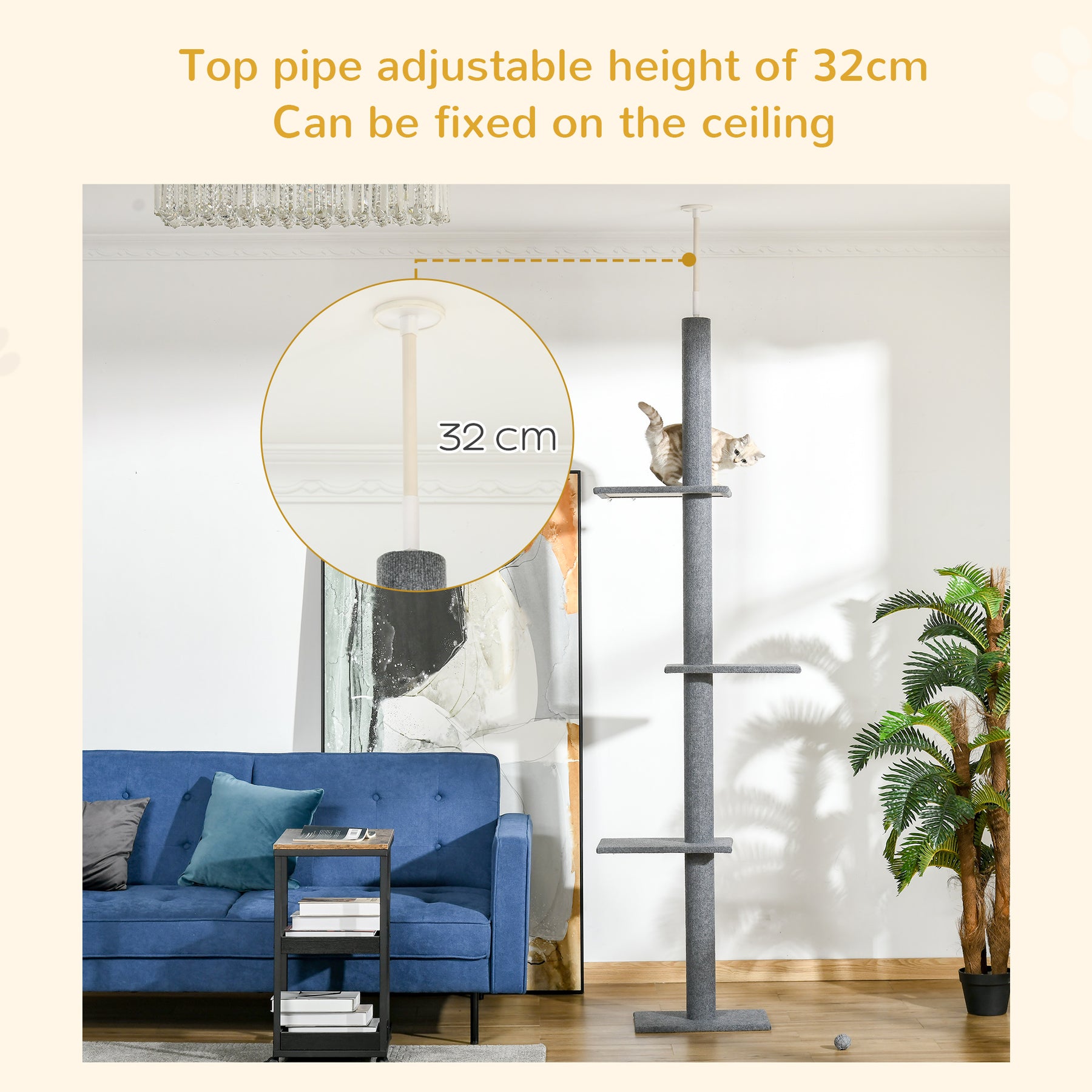 Cat Tree Tower, Floor to Ceiling with 3 Perches, Scratching Posts, Activity Centre for Kittens, Grey